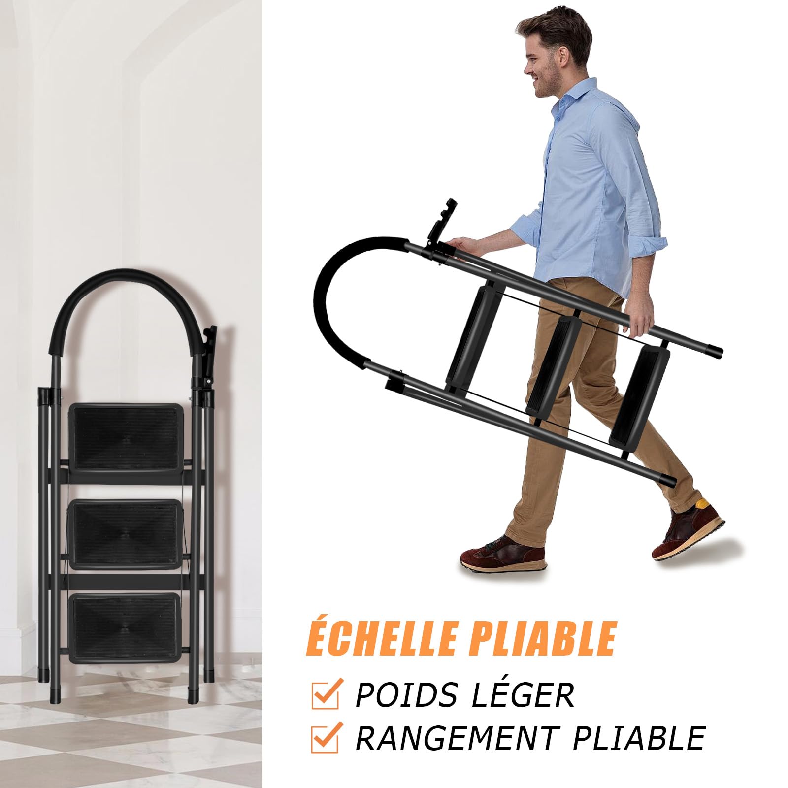 OHMG Escabeau 3 Marches avec Plateforme de Travail, Charge 150 kg Escabeau Pliable, Larges Marche Pied Pliable Antidérapantes, Tabouret en Acier Marche Pied Adulte,Charge 180 kg