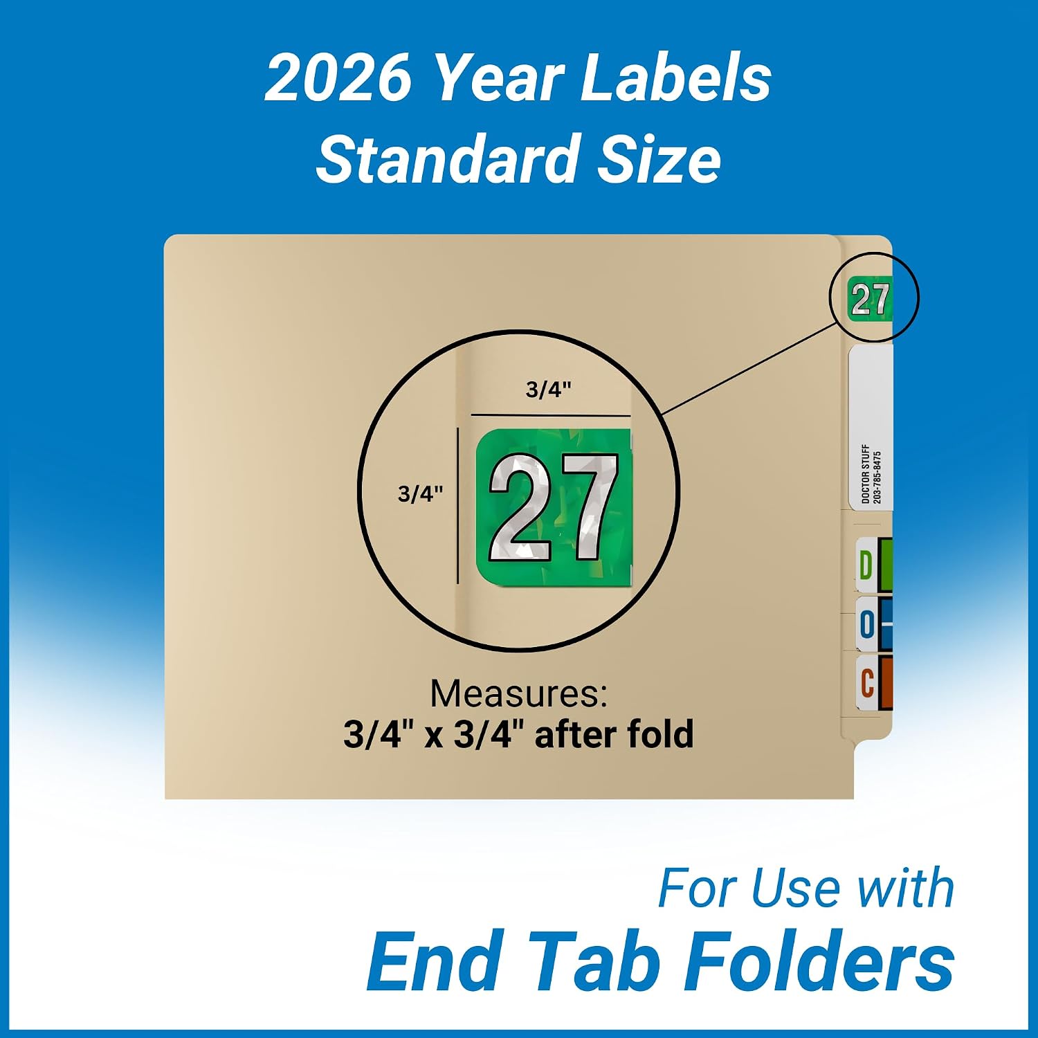 2027 Year Stickers, Doctor Stuff 2027 Chart Stickers, Holographic Green Color Coded, USA Made Year Labels for End Tab File Folders, 500 Labels/Roll in a Dispenser Box, 3/4" x 1-1/2"
