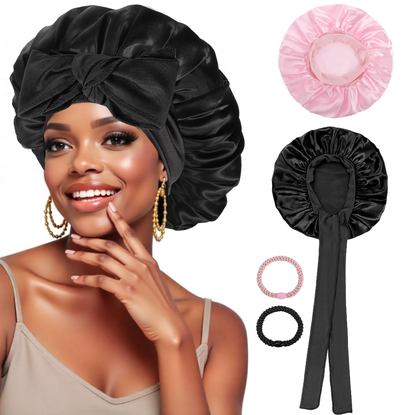 PAEFIU 2 Stück Satin Seidenhaube Zum Schlafen Weiche Satin Haarhaube mit 2 Haargummis Atmungsaktive Sleep Satin Bonnet für Lange Kurze Lockige Haare (Schwarz, Rosa)