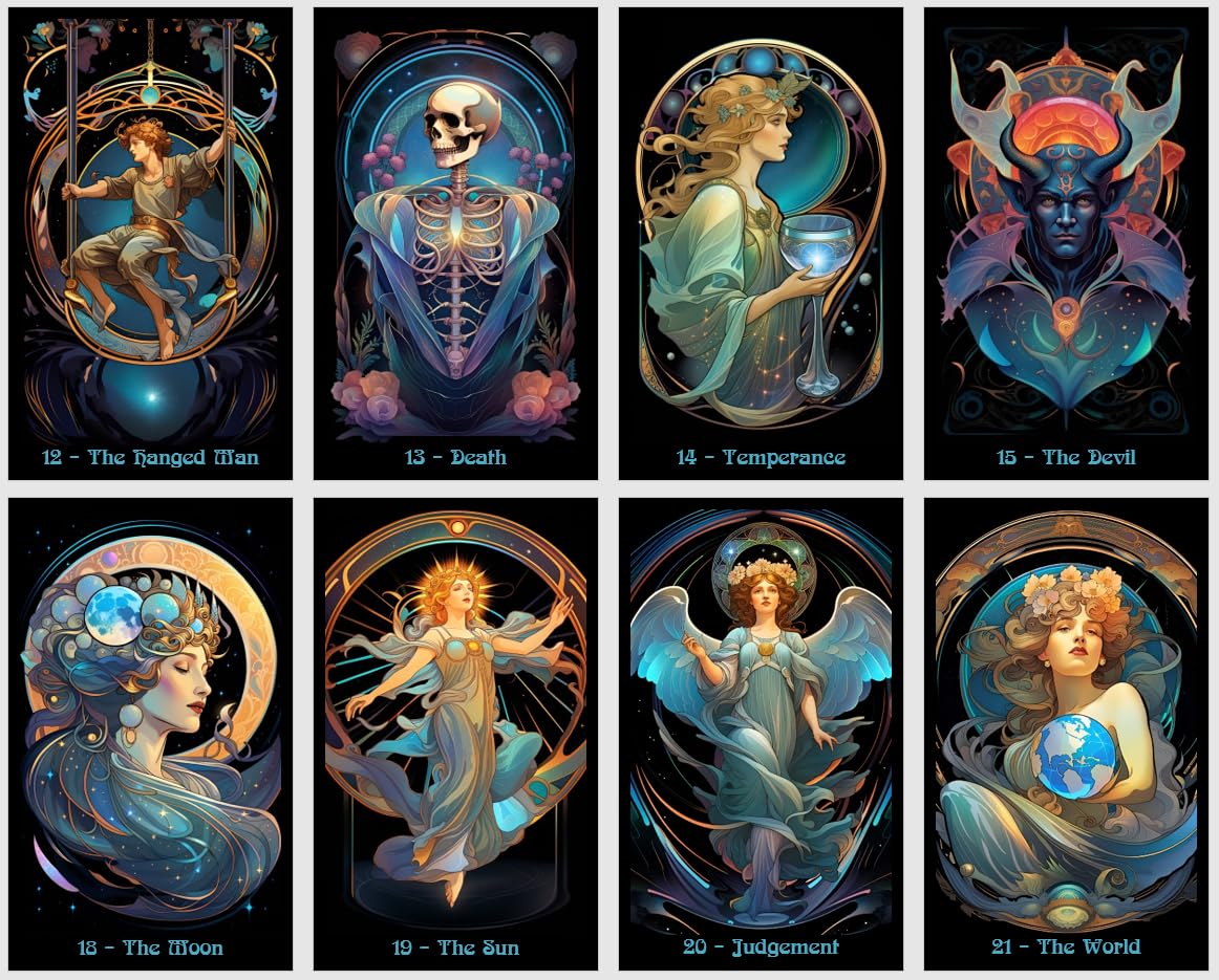 Baraja de tarot Art Nouveau | 78 cartas ilustradas con arte de línea fluida y simbolismo místico | Elegante herramienta de adivinación inspirada en la Belle Époque
