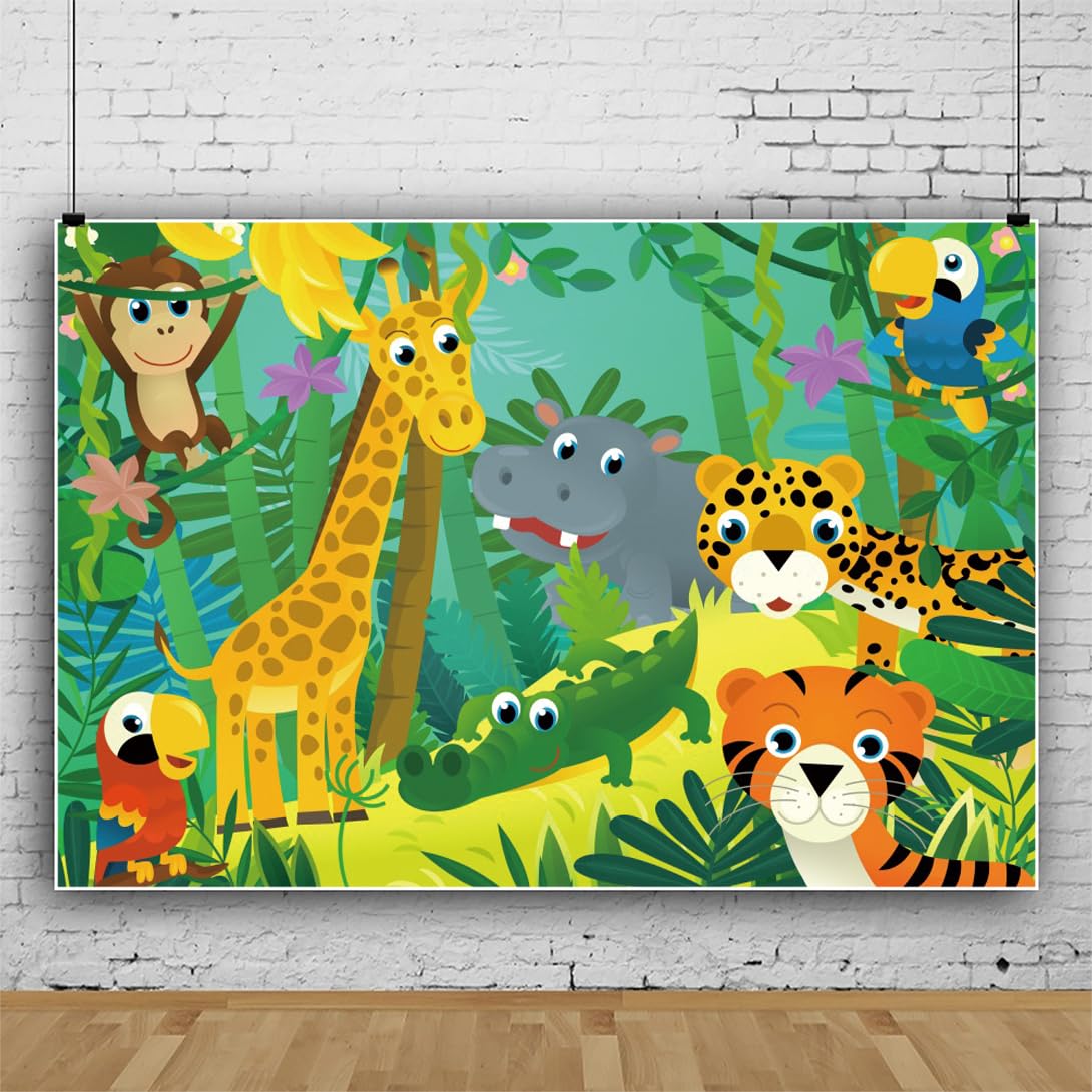 Bovlleetd Wild Jungle Animal Backdrop Forest Cartoon Giraffe Leopard Tiger Hippo Jungle Theme Backdrop for Photography Zoo Themed Party Kid Room Decoration Photo Studio Props 6x4ft — image 1