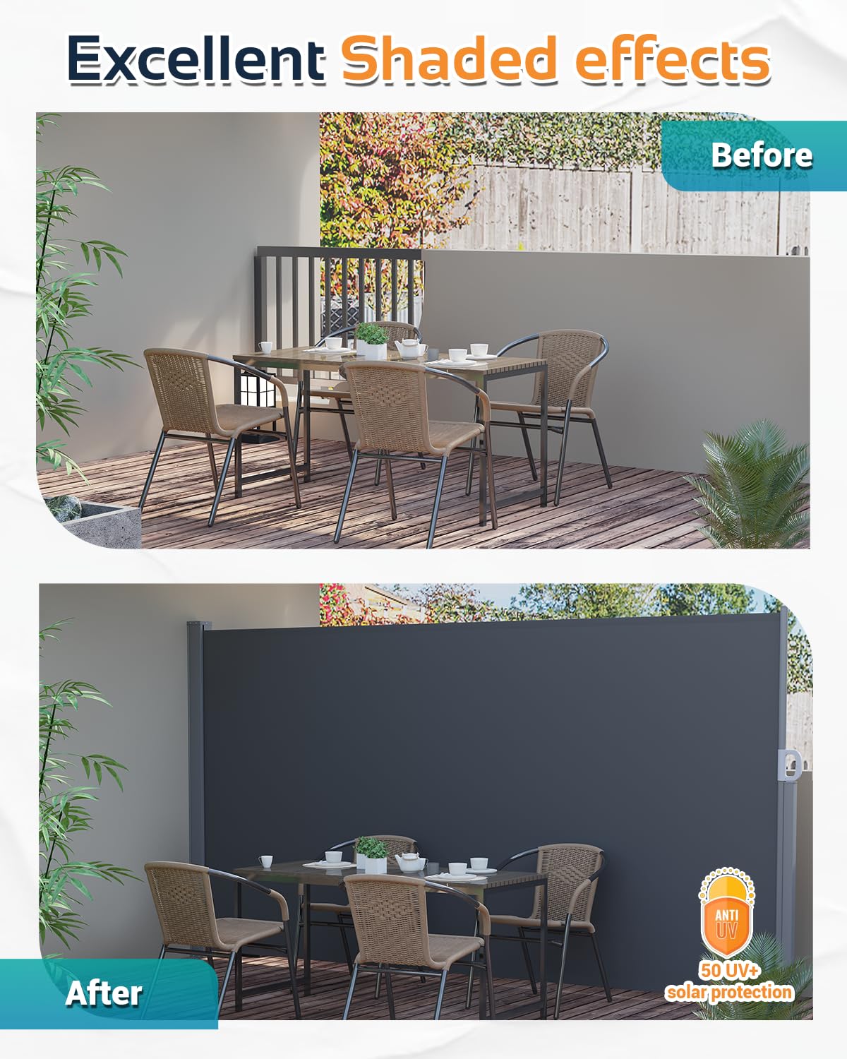 UNIONLINE Seitenmarkise Ausziehbar 350x180cm, Sichtschutz | Sonnenschutz Markise, wasserdichter Faltbarer Sichtschutz für Garten Balkon & Terrasse, Dunkelgrau