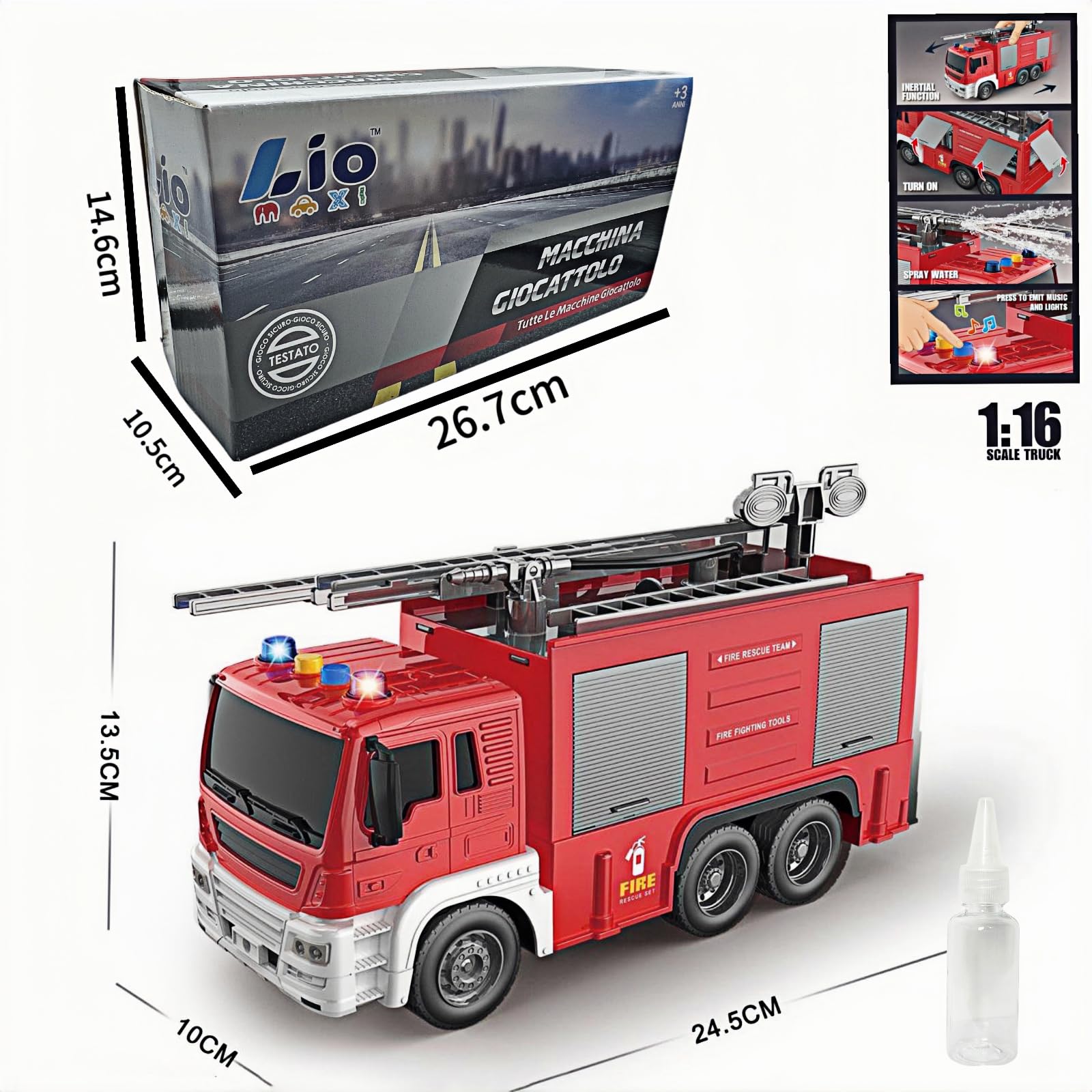 Scala 1:16 Camion Pompieri Giocattolo per Bambini, Autopompa Antincendio a Inerzia Luci & Suoni,con pompa spruzzatrice d'acqua, scala estensibile, Rosso (scala a pioli)