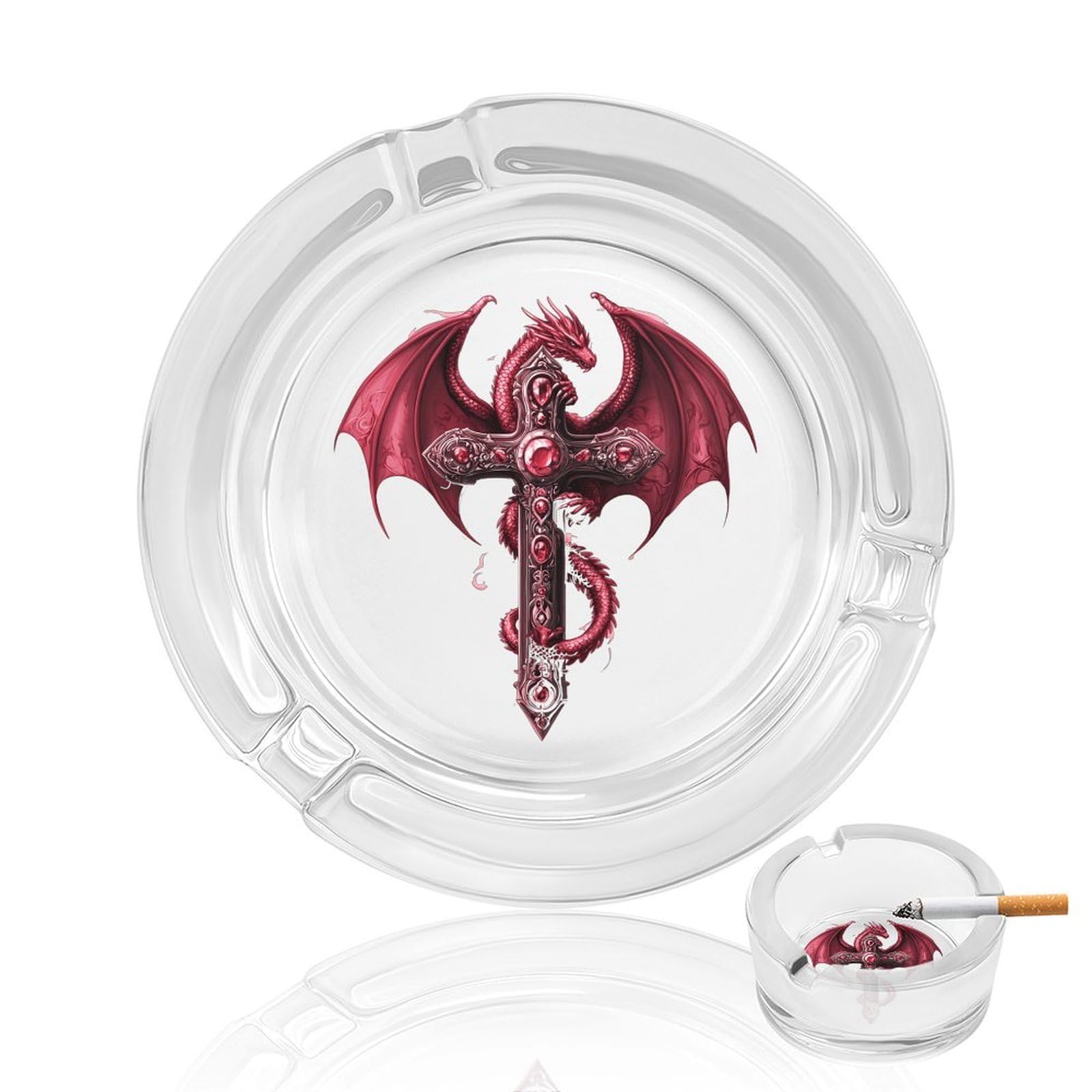 Dragon-Crosses Ashtray Portable Round Glass Outdoor Ash Tray for Home Office Garden Pub