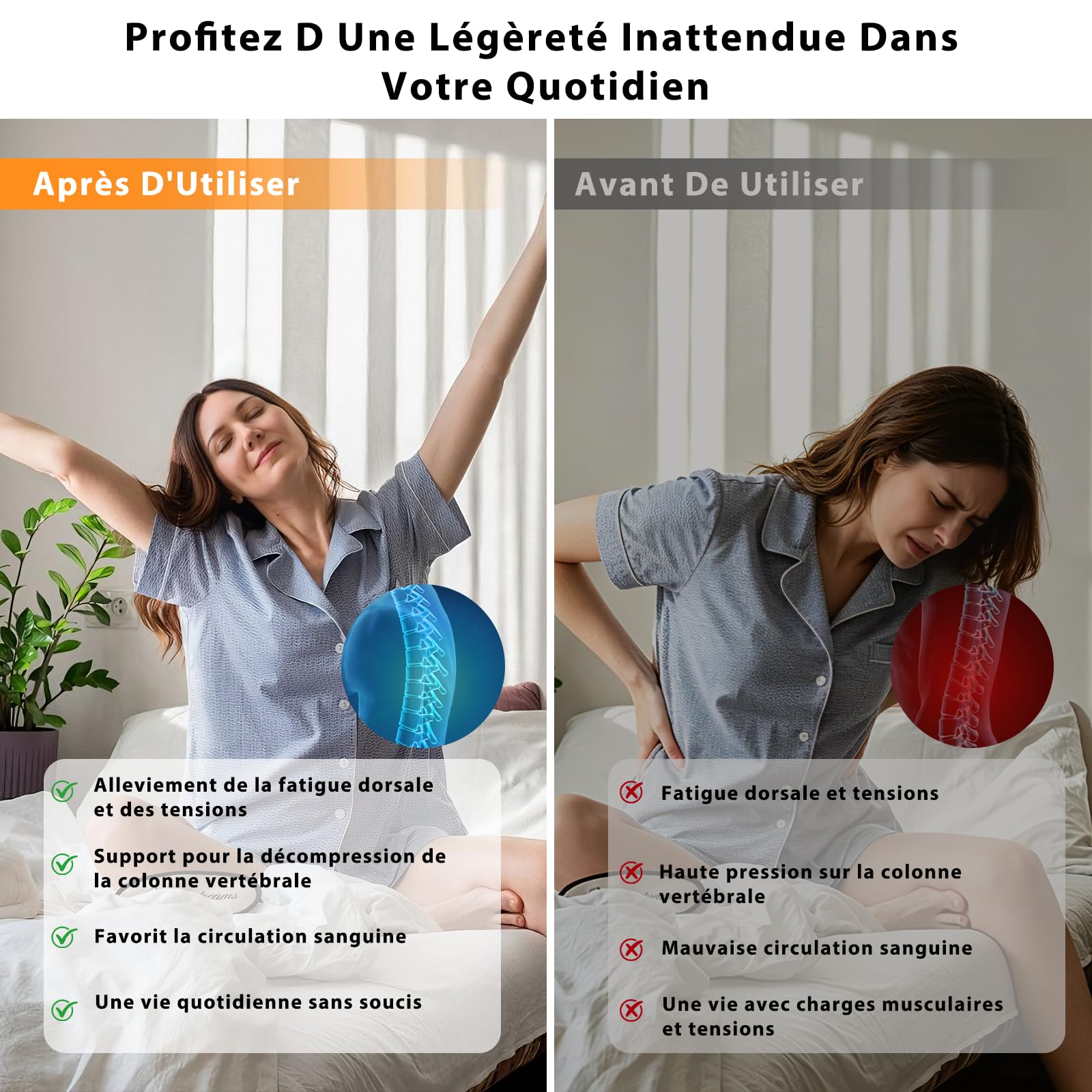 4 en 1 Appareil de Massage Lombaire électrique, 3 Niveaux Appareil de Massage Dorsal Sans Fil avec Traction 26°par Airbag, Compresse Chaude, Electrothérapie EMS à 8 Niveaux, par Vibrations