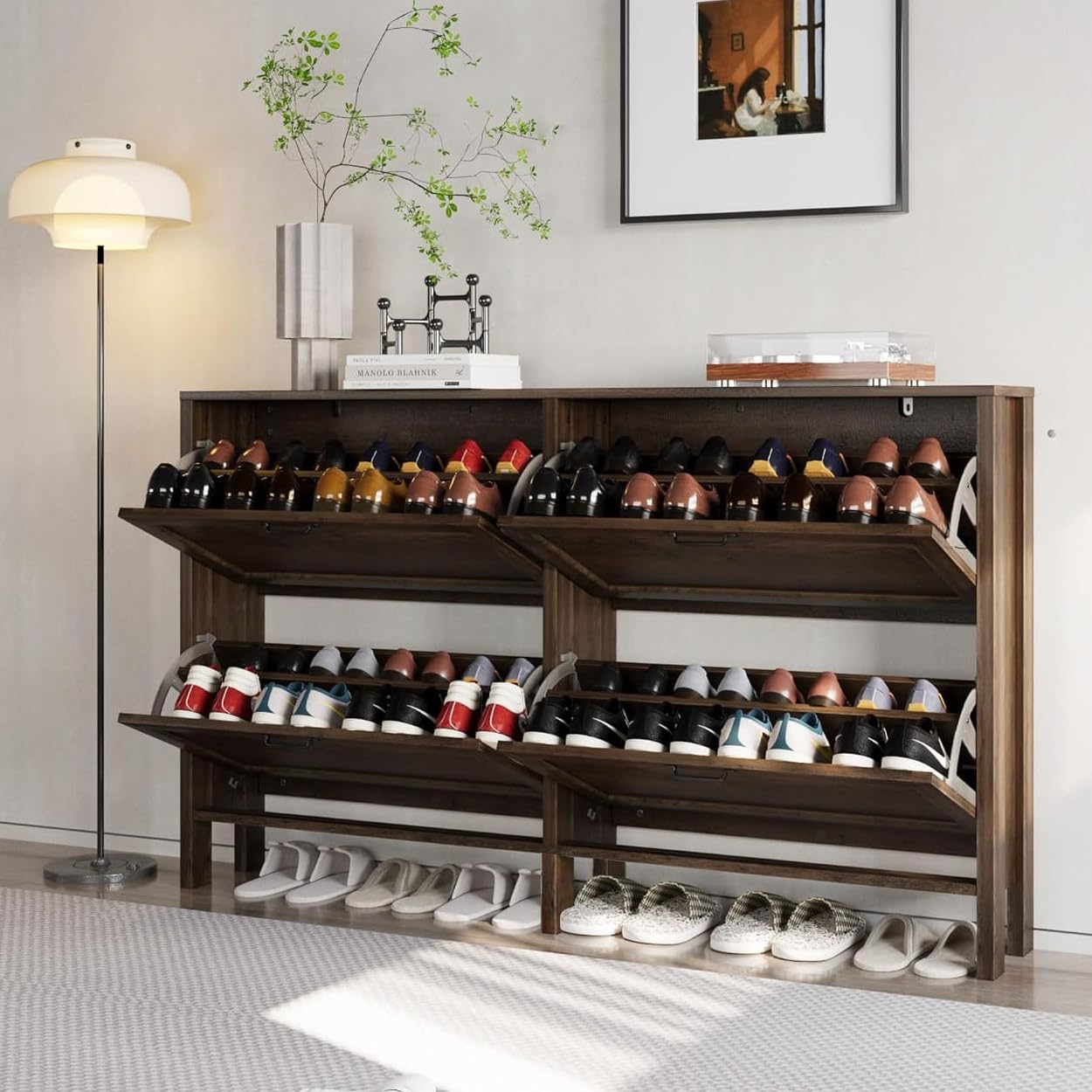 LOUVIXA Shoe Cabinet with 4 Flip Drawers, Narrow Shoe Storage Cabinet, Freestanding Shoe Cabinet Organizer, Hidden Shoe Rack Cabinet for Entryway, Hallway (4-Drawers, Brown/4-drawers)