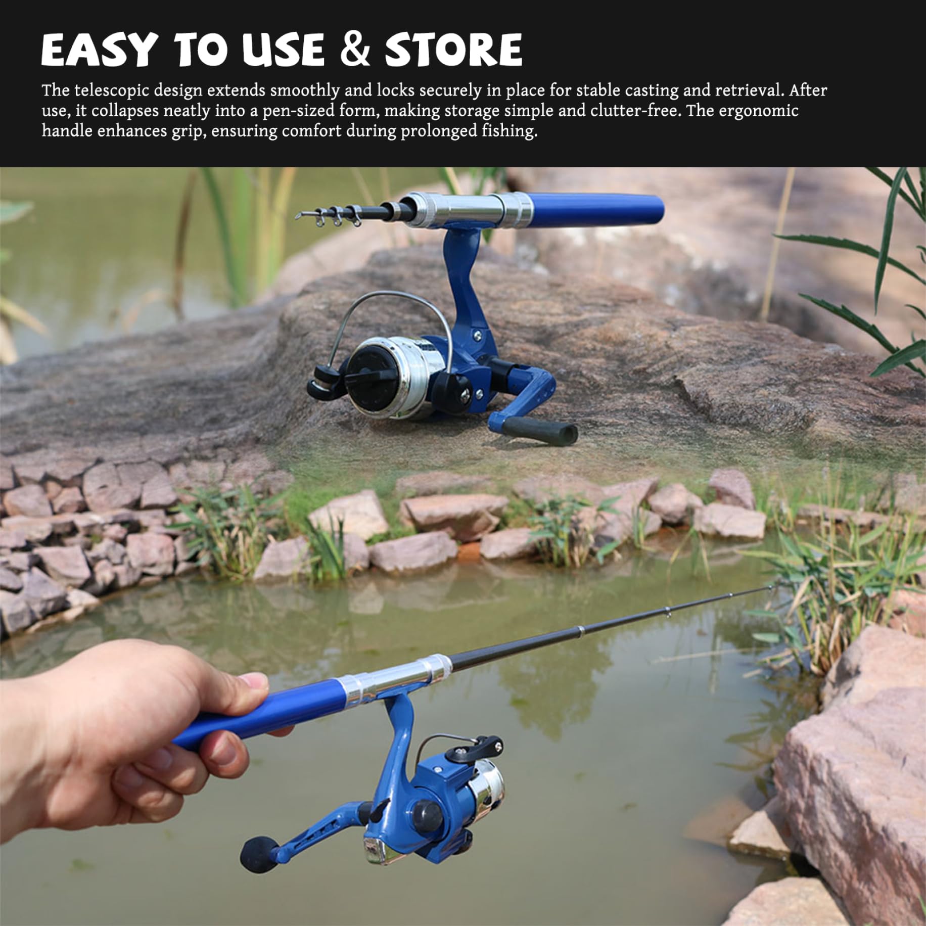 Kit de pêche de Survie, Canne à pêche télescopique, Mini pôle avec Moulinet et Longue Ligne Portable pour Voyage, Survie d'urgence