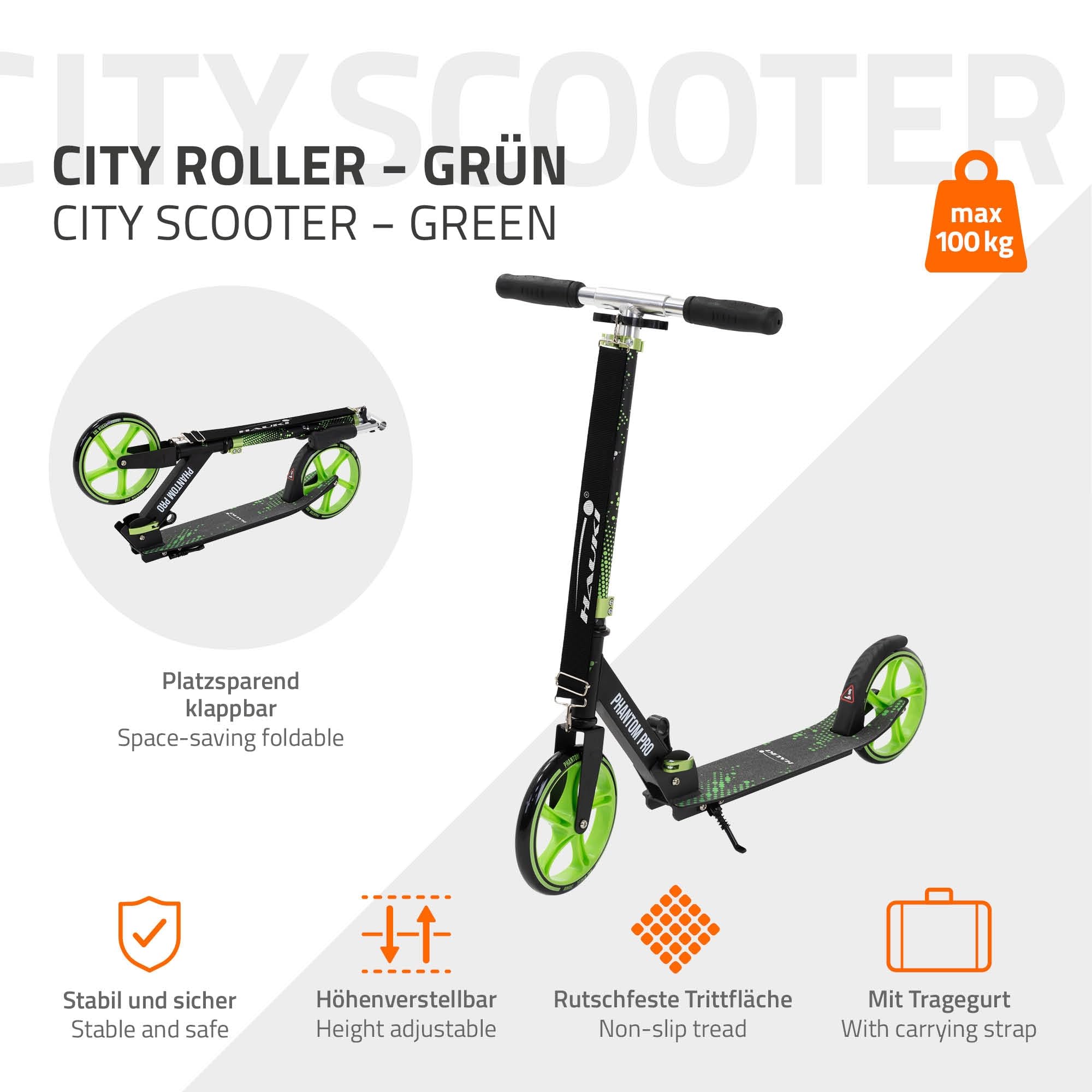Hauki Monopattino da Città Verde o Rosa, Pieghevole e Regolabile in Altezza, con Ruote XXL e Freno al Pedale, Scooter Urbano per Bambini e Adulti con Cavalletto e Tracolla, Patinete a Spinta