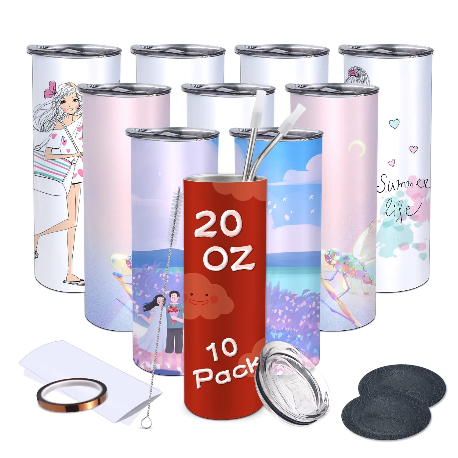 Buy Sublimation Tumbler 20oz Skinny Blanks Tumblers Bulk with Metal Straw, Lid, Shrink Wrap Film