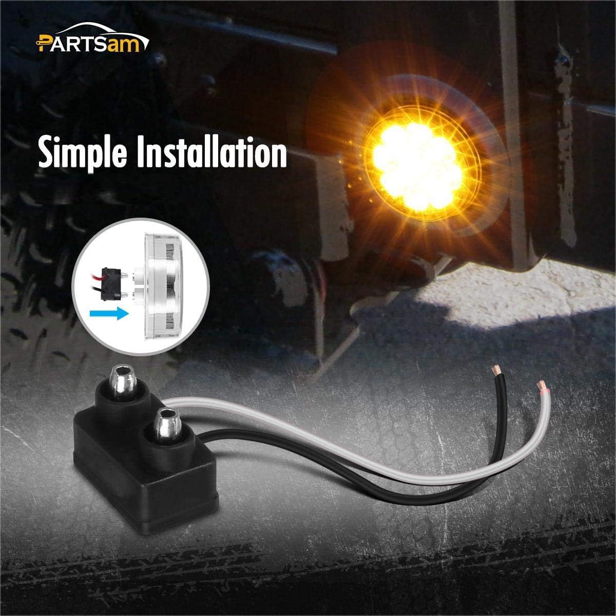 Partsam 10Pcs 2.5" Round Amber 13 LED Side Marker Clearance Lights with Reflectors for Truck Trailer RV, Grommets and Pigtails Include, Clear Lens, Sealed Waterproof, Flush Mount, 12V