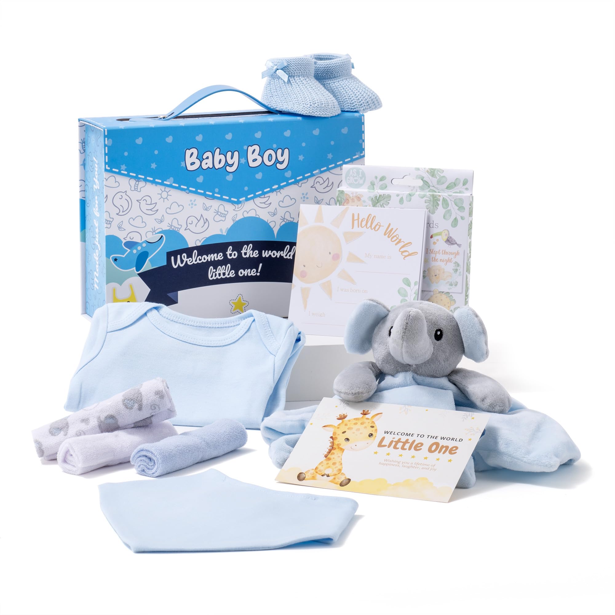 Hattie’s Gifts Baby Hamper, Newborn Essentials Gift Set for Baby Boy with Bodysuit Booties, Bib, Elephant Comforter