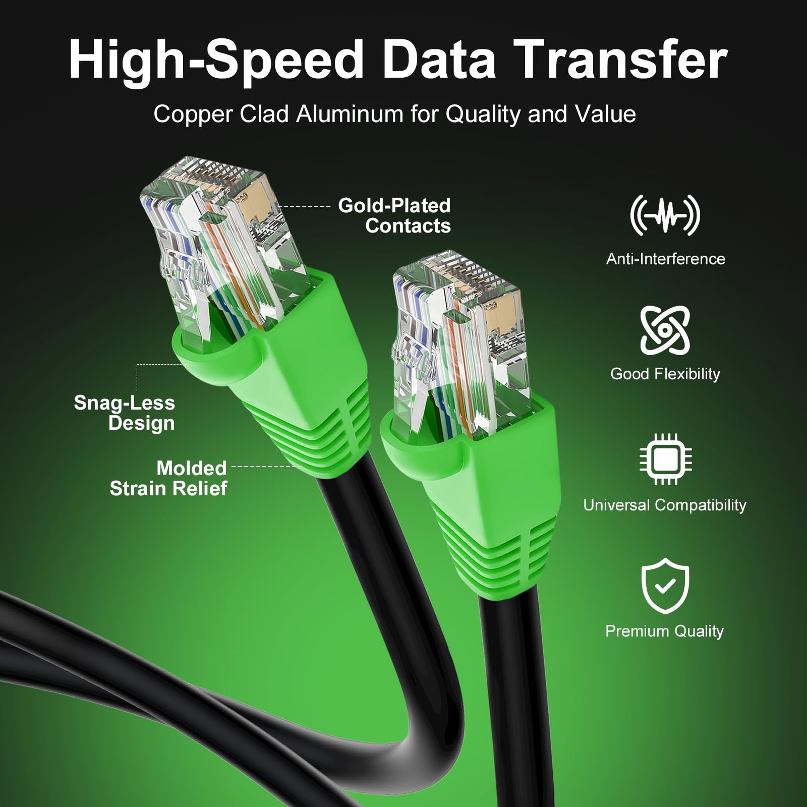 Kabel krosowy Ethernet RJ45 Cat-6, prędkość transferu 10 Gb/s, pozłacane złącza, aluminium pokryte miedzią, zewnętrzny, odporny na promieniowanie UV, bezpośredni pochówek, wodoodporny, trwały