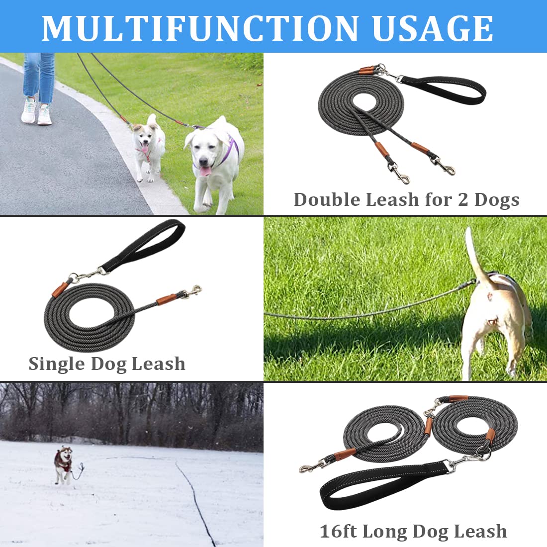 8FT Double Dog Leash, 1/4" Rope Leash for Two Small or Medium Dogs, Soft Handle 360 Swivel No Tangle Dual Dog Leash for 2 Dogs Walking