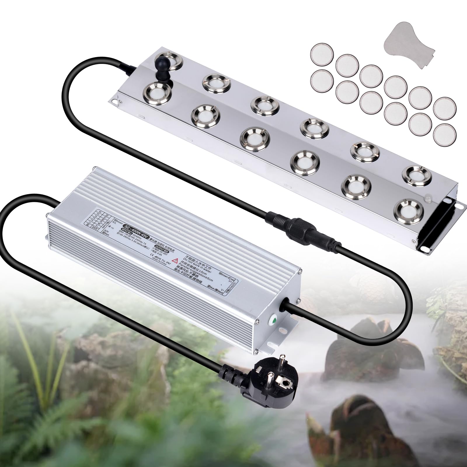 Nebulizador ultrasónico de 12 cabezas, con fuente de alimentación impermeable de 400 W, 8,5 L/H, dispositivo de niebla para patio, humidificador, estanque, dispositivo de niebla para