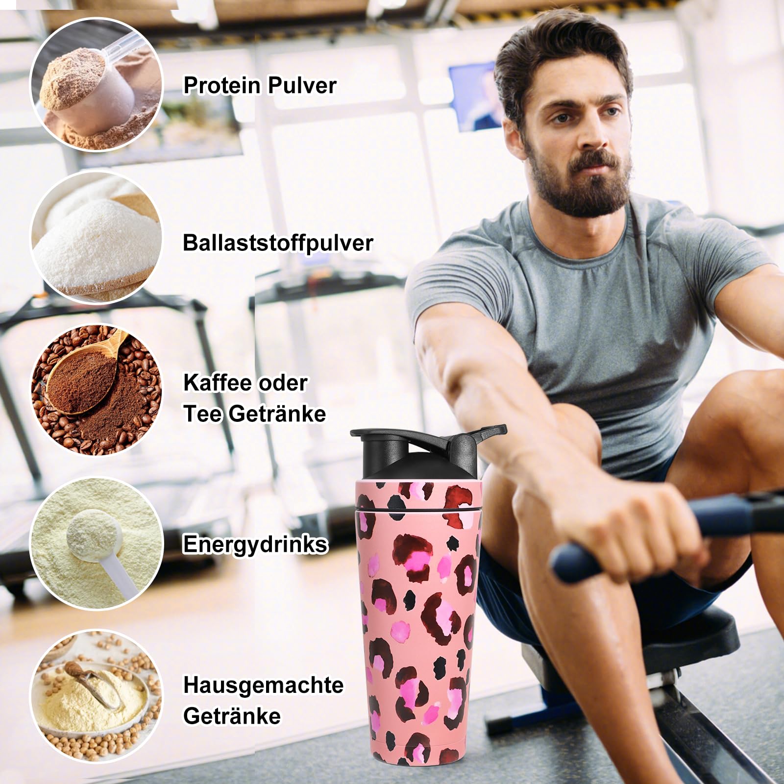 Eiweiß Shaker mit Kugel, 750ml Shaker Edelstahl, Protein Shake Edelstahl, Eiweißshaker, Tragbarer Workout Wasserbecher, BPA Free/Leak Proof, für Sport, Fitness, Eiweiß