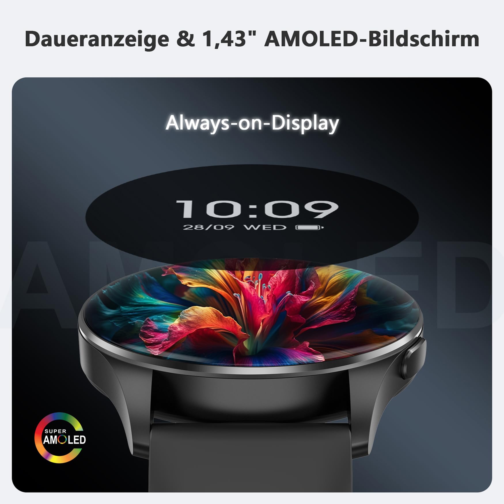 Blackview Smartwatch Herren Damen, AMOLED-Bildschirm, Virtuelle Always-On-Uhr, tätigen/empfangen, Sportuhr mit Puls-Schlaf-SpO2-Schritte-Kalorien-Kilometer, 2 Armbänder (Silikon/Nylon),für Android iOS