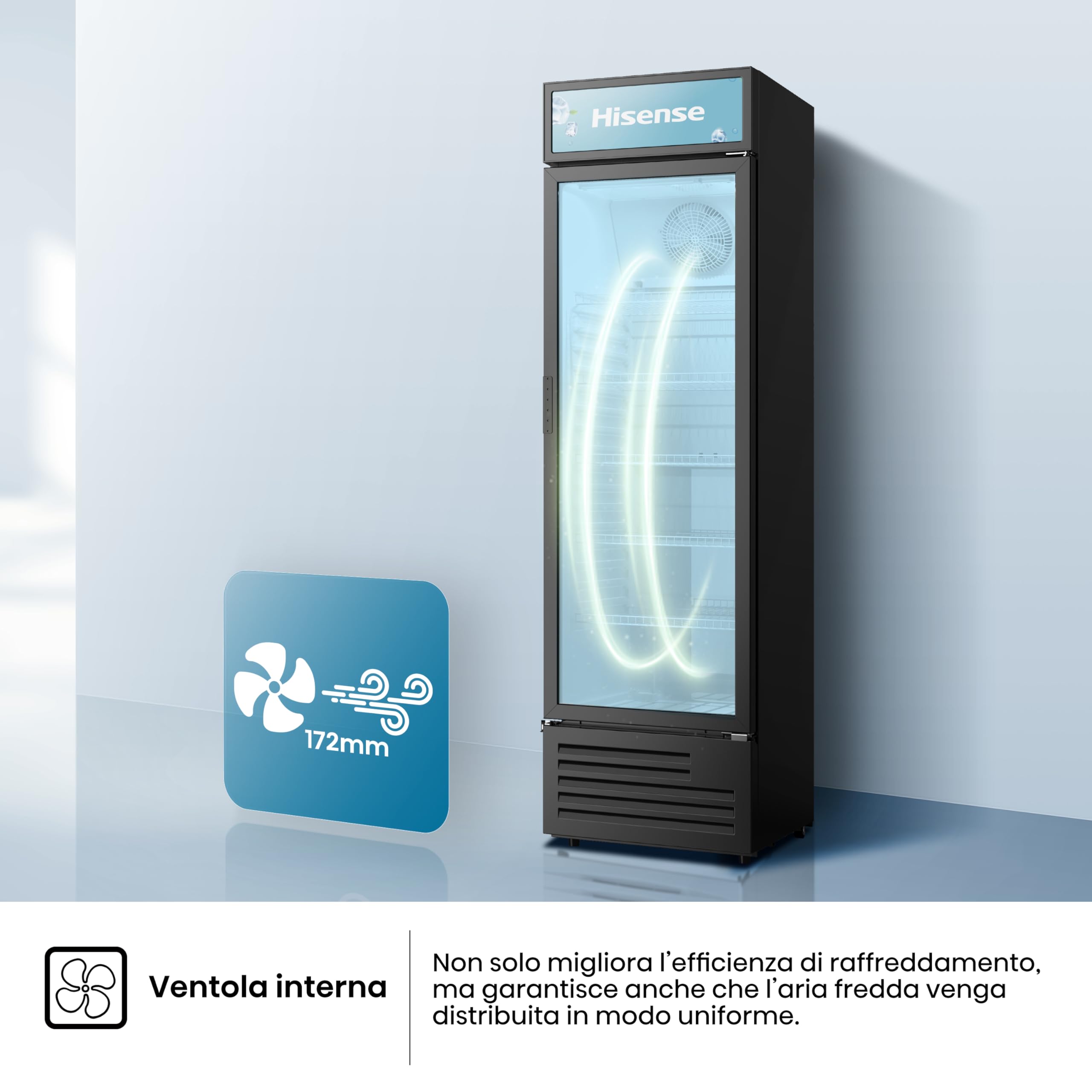 Hisense CPC271F7ABE Frigorifero commerciale bevande, 251 litri, Illuminazione interna LED, Display Personalizzabile, Ripiani Regolabili, Sistema di Autoevaporazione, Serratura, Classe E, Nero