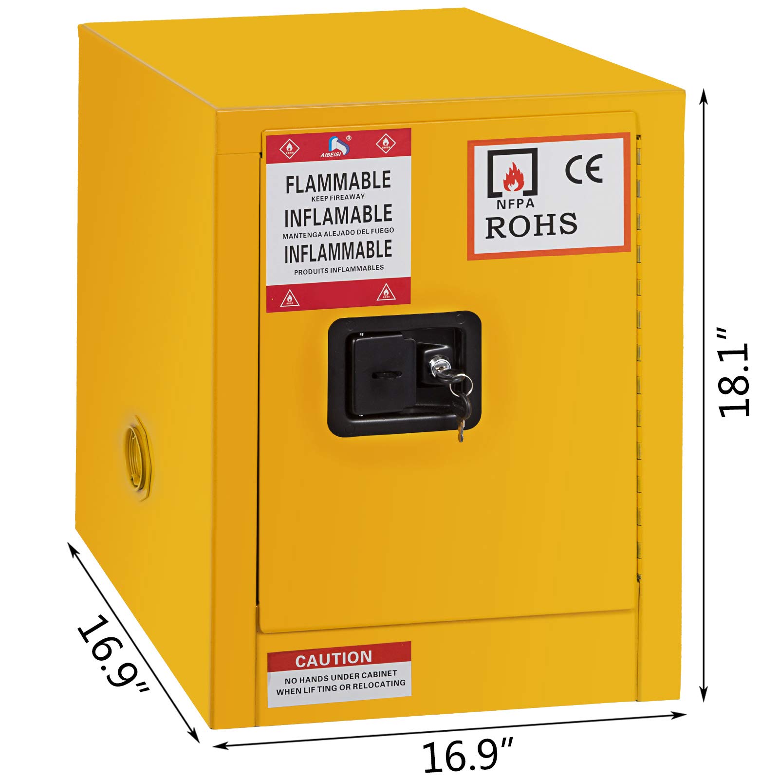 Armadio di sicurezza per i prodotti infiammabili, in acciaio laminato a freddo, 1 anta, 112 x 59 x 46 cm, 1 ripiano regolabile, giallo per liquidi infiammabili