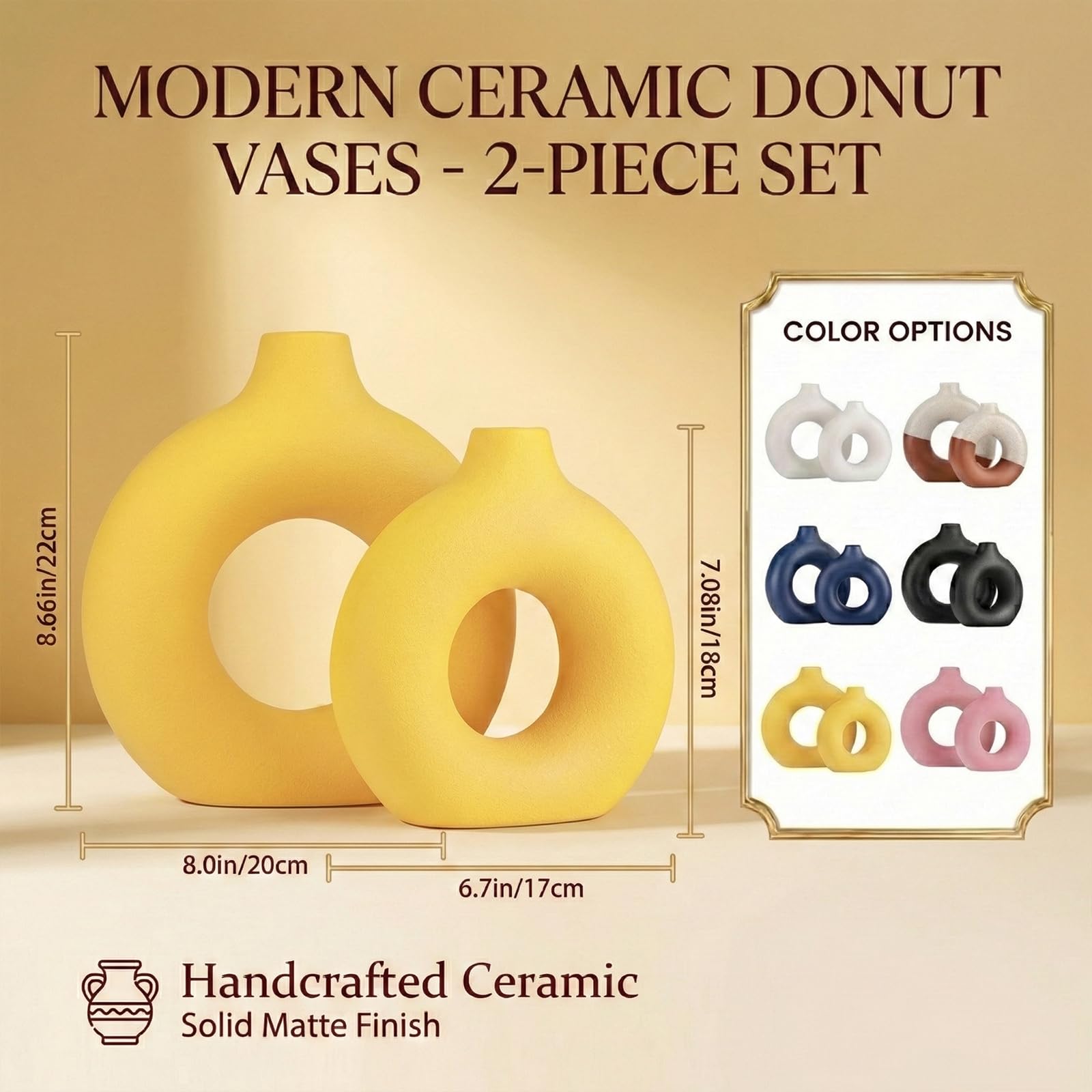 Donut-Vasen, kreisförmige Matte Keramikvase für Eingangsbereich, Wohnzimmer, Schlafzimmer, Esstisch, Tischdeko, Büro, Wohndeko, Gelb, 2er-Set