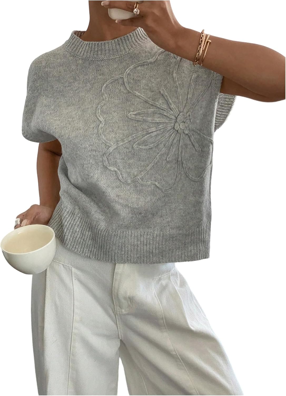 MakeMeChic Women's Bow Sweater Cute Summer Tops Plaid Short Sleeve Crew Neck Y2K Knitted Pullover