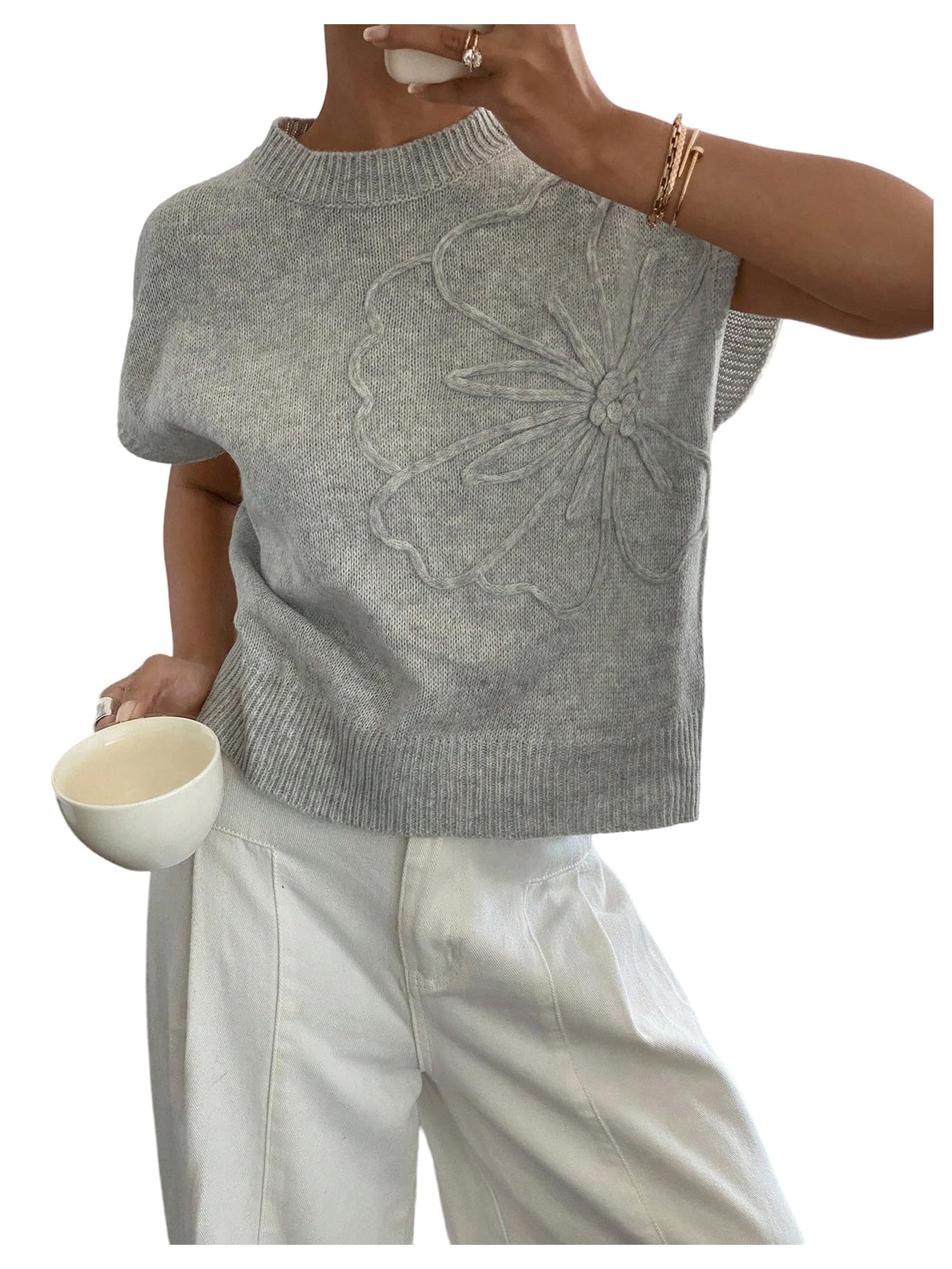 MakeMeChic Womens Bow Sweater Cute Summer Tops Plaid Short Sleeve Crew Neck Y2K Knitted Pullover Light Grey Large