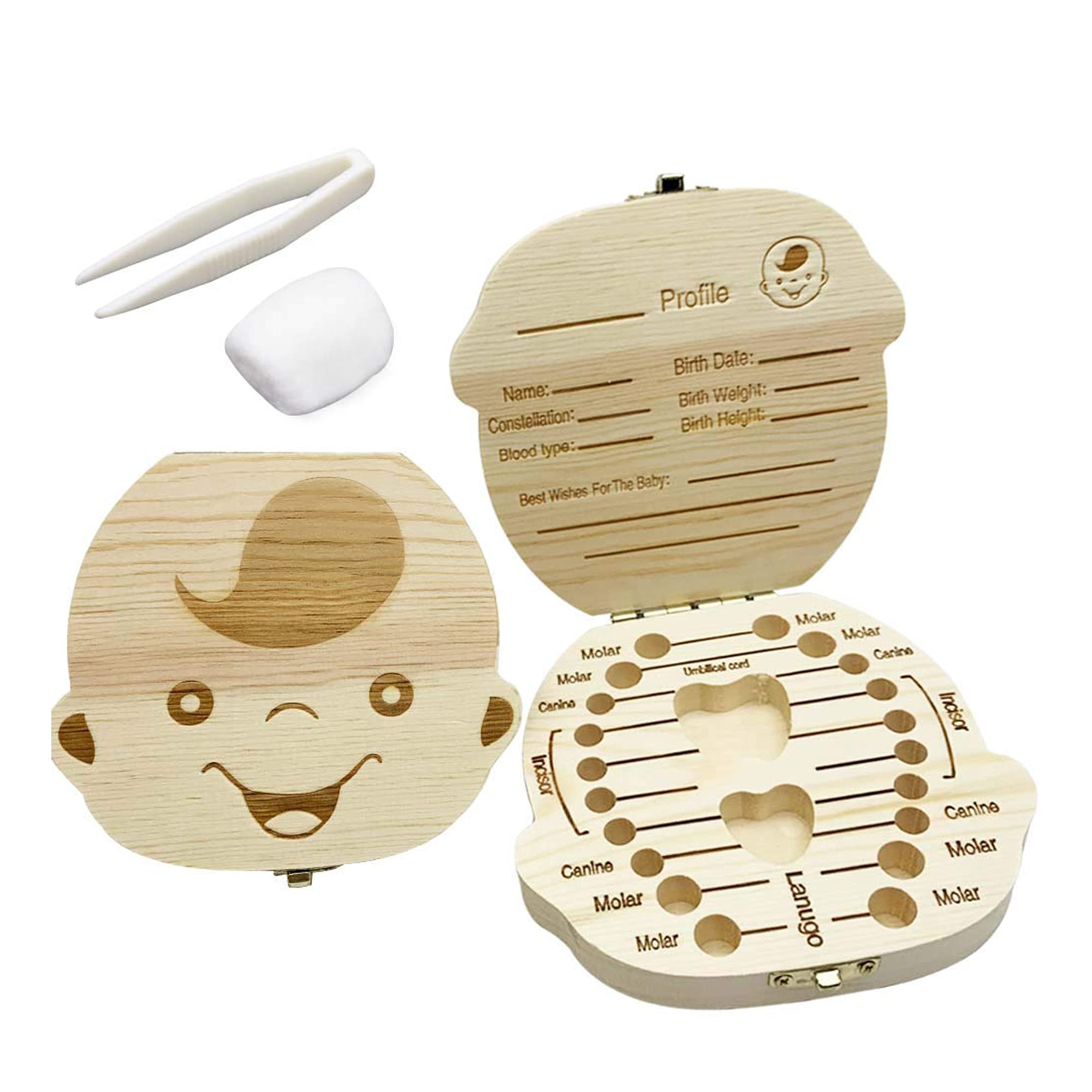 Baby Tooth Box, Wooden Kids Keepsake Organizer for Memory Collection Teeth Storage Container Tooth Fairy Holder with Tweezer and Cotton Ball (Boy)