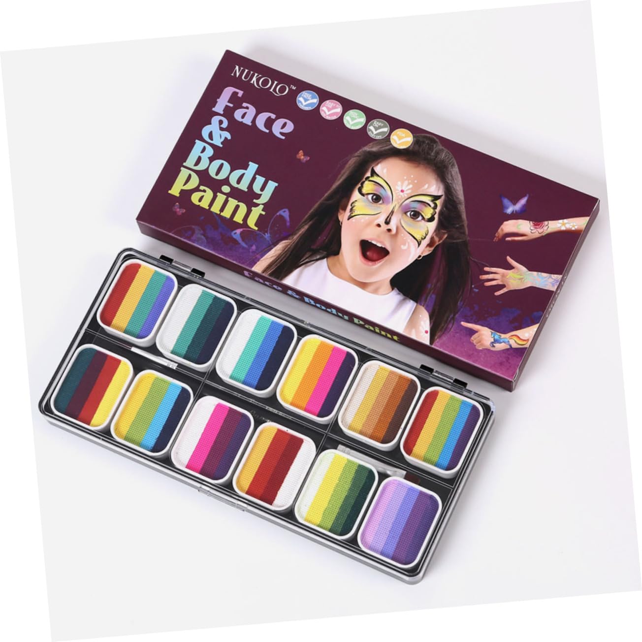 PartyKindom 1Set Color Water Activated Face Paint Kit for Halloween Makeup Portable Body Paint with Brushes Mixing Non Leaking Storage Box for Adults