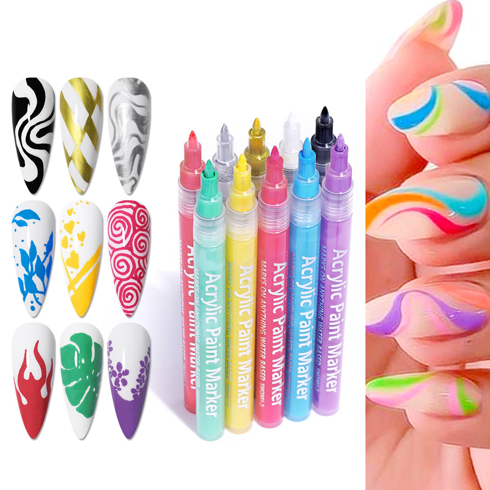 AILYRE Nail Pen Nail Pen Waterproof Nail Polish Pen Quick Dry Long Lasting,Nail Art 3D Painted Pen Drawing Nail Point Graffiti Dotting Pen