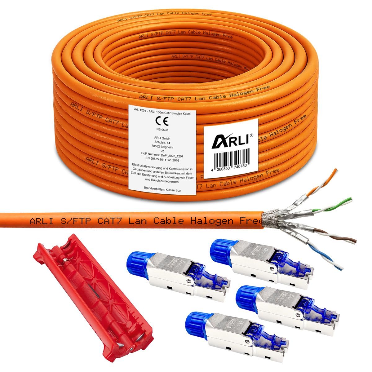 ARLI Cavo di rete CAT 7 da 100 m + 4 connettori di rete RJ45 CAT8.1, montaggio senza attrezzi + tagliacavi LAN, senza alogeni cavo cat7, cavo di rete schermato, 100 m
