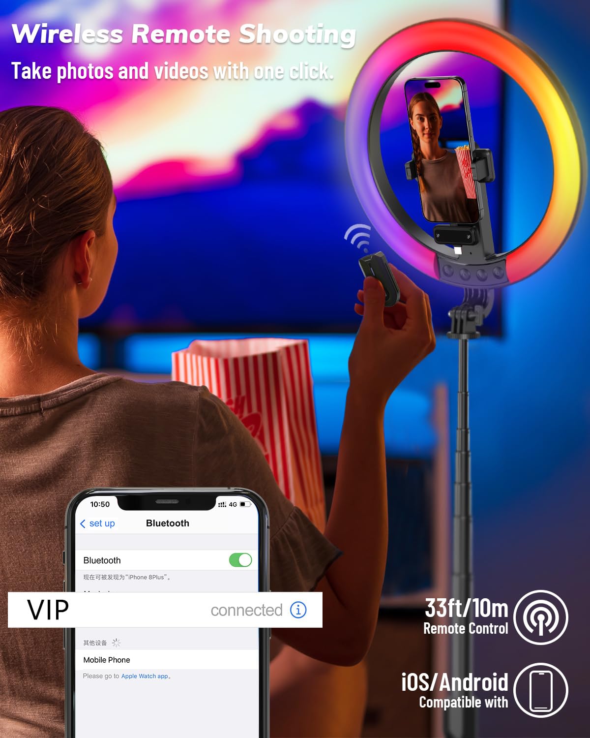 Yeaki Kit vlogging per iPhone/Android – Anello luminoso per selfie da 10 pollici con treppiede da 188 cm e supporto per telefono, treppiede per iPhone con luce e microfono, YouTube Starter Kit per