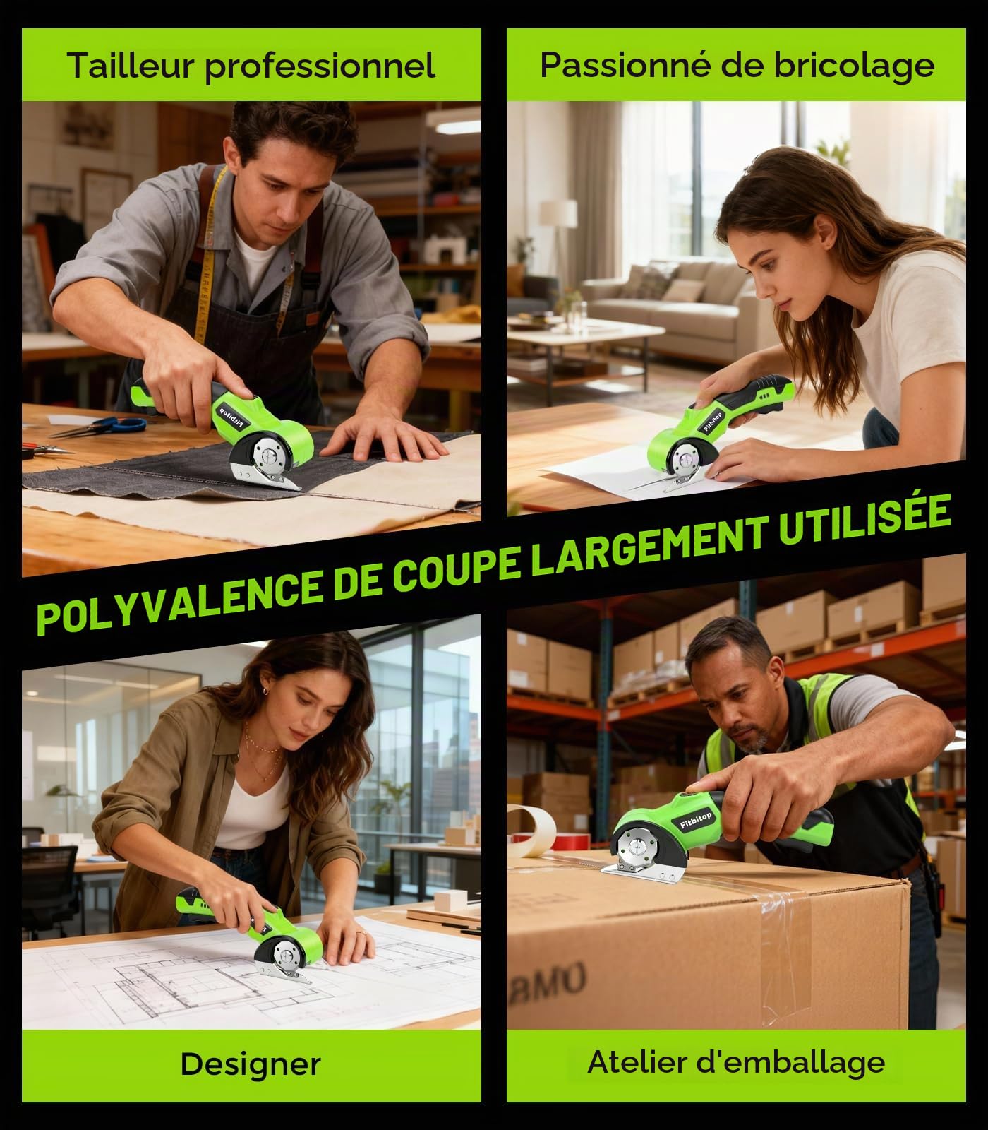 Ciseaux électriques rotatifs sans fil pour carton - Lame auto-affûtante - Coupe le cuir, le PVC, la moquette et le carton