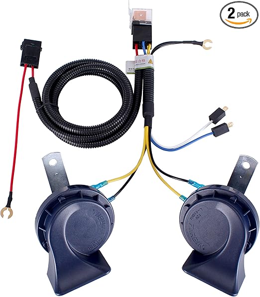 FARBIN Horn 12V Car Horns Loud Dual-Tone Waterproof Auto Horns Electric Snail Horn Kit Universal for Any 12V Vehicles (Blue horn with wire harness, 12v)