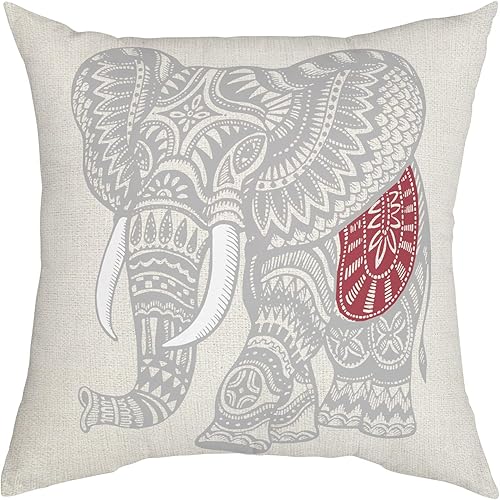 Fundas de almohada de elefante bohemio gris, funda de almohada vintage con diseño de elefante bohemio sobre fondo de lino de algodón, funda de