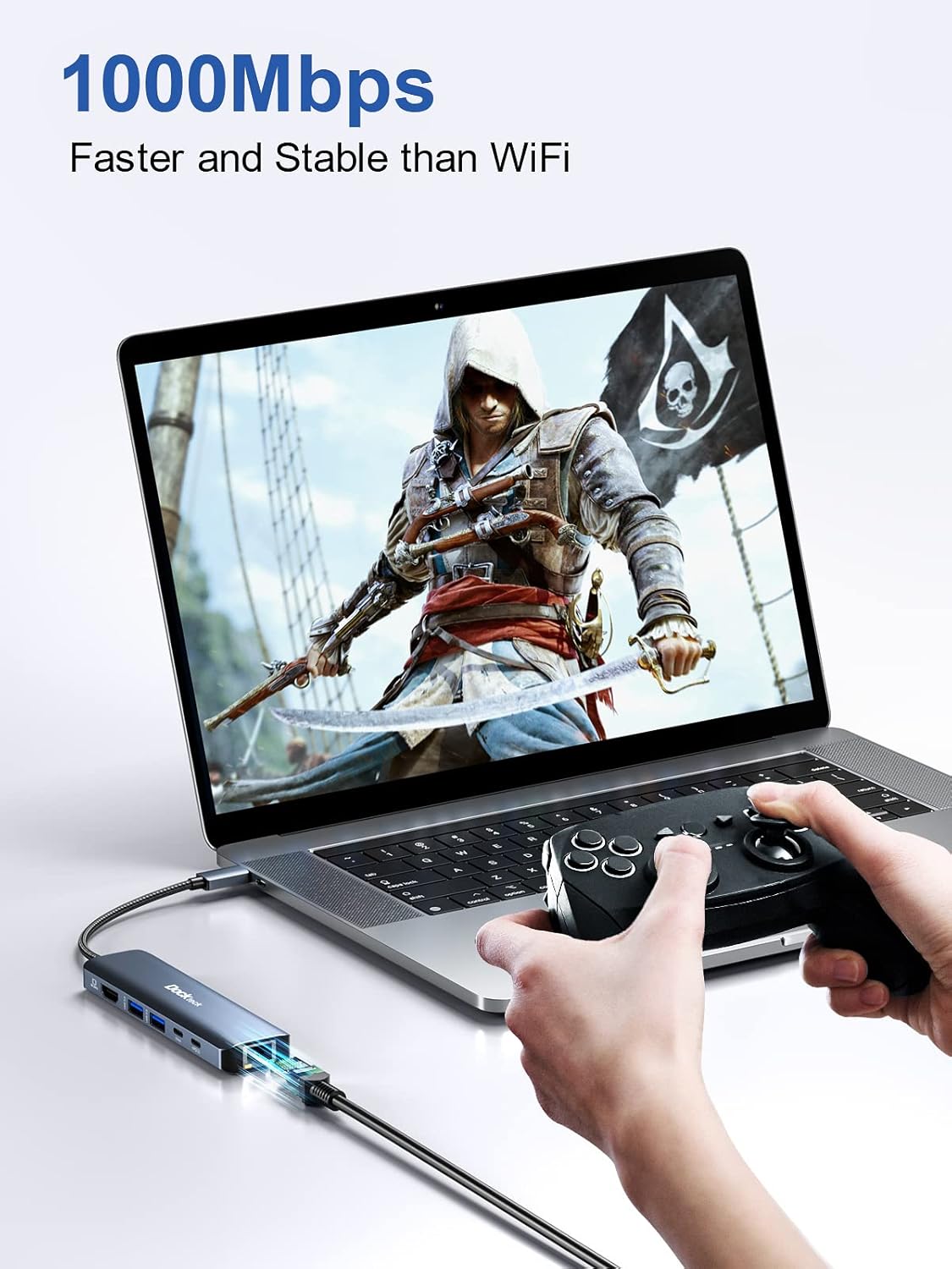 Dockteck USB-C 6 in 1 Multiport Adapter - 8K HDMI, 2 USB-A 5 Gbps, 100W PD, 1Gbps Ethernet for MacBook Pro, Air, HP, XPS and More