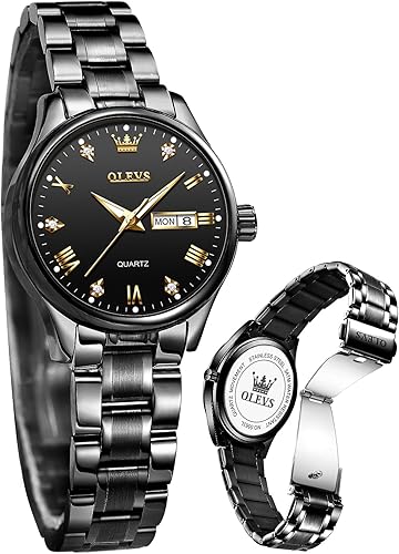 OLEVS Reloj de mujer con diamantes de oro, clásico, elegante, de acero inoxidable, impermeable, fecha de día