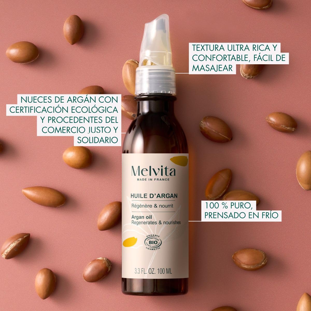Melvita - Aceite de belleza - Nutre y protege la piel - Para el rostro, el cuerpo y el cabello - Fabricado en Francia