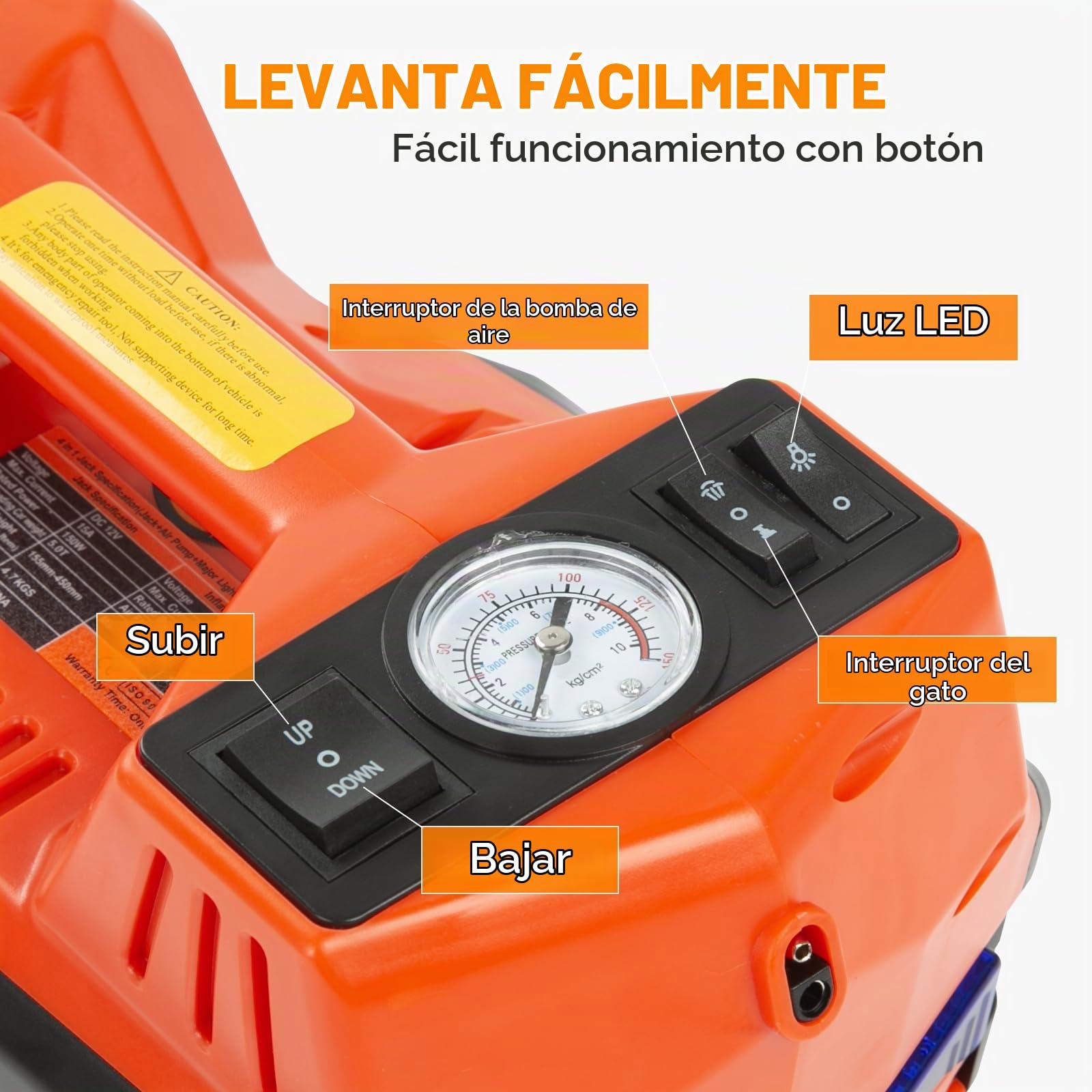 Gato hidráulico para Coche 5T, 4 en 1 Gato Eléctrico de 12 V, con Bomba Inflable y luz LED, 15-45 cm de Alcance de Elevación, para Auto SUV, Reparaciones de Emergencia y Cambio de Neumáticos