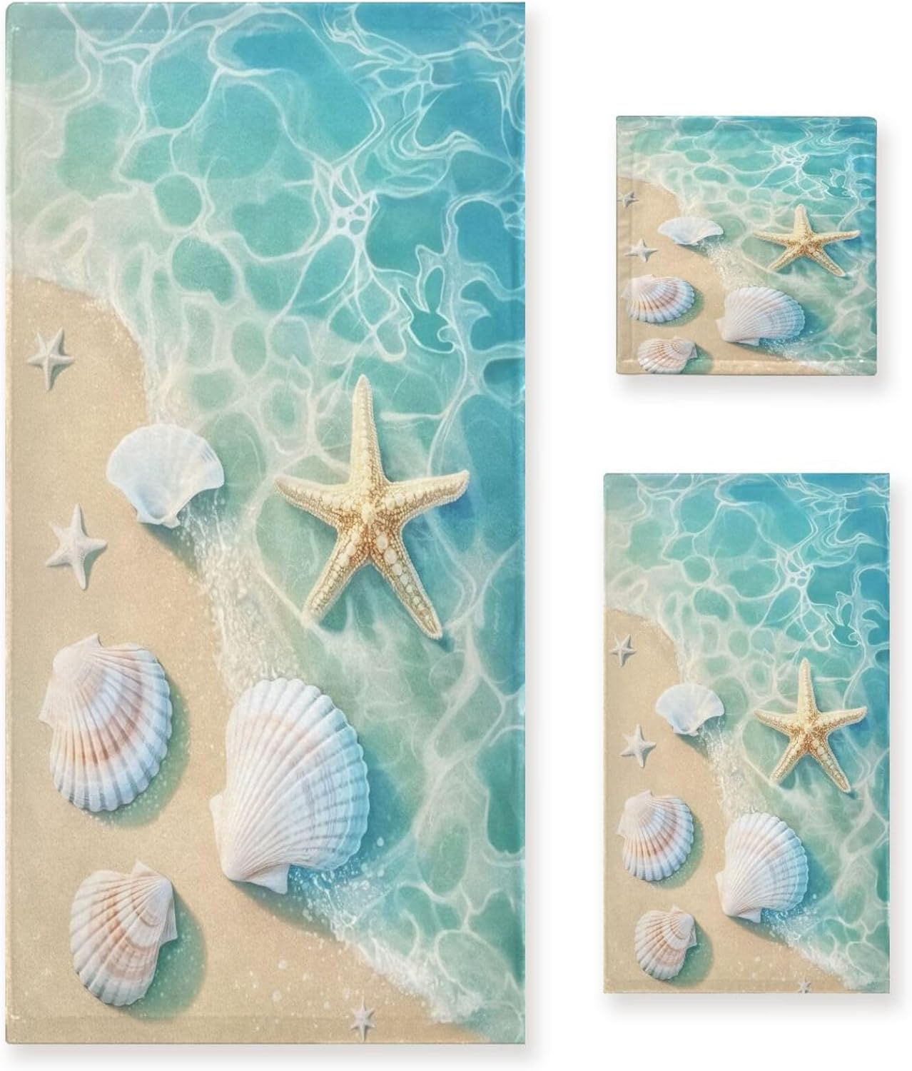 ATTX 3-Piece Summer Beach Starfish and Seashell Bath Towel Set - Ultra Soft & Quick-Dry, Absorbent Hotel & Spa Grade Hand Towels for Bathroom#203
