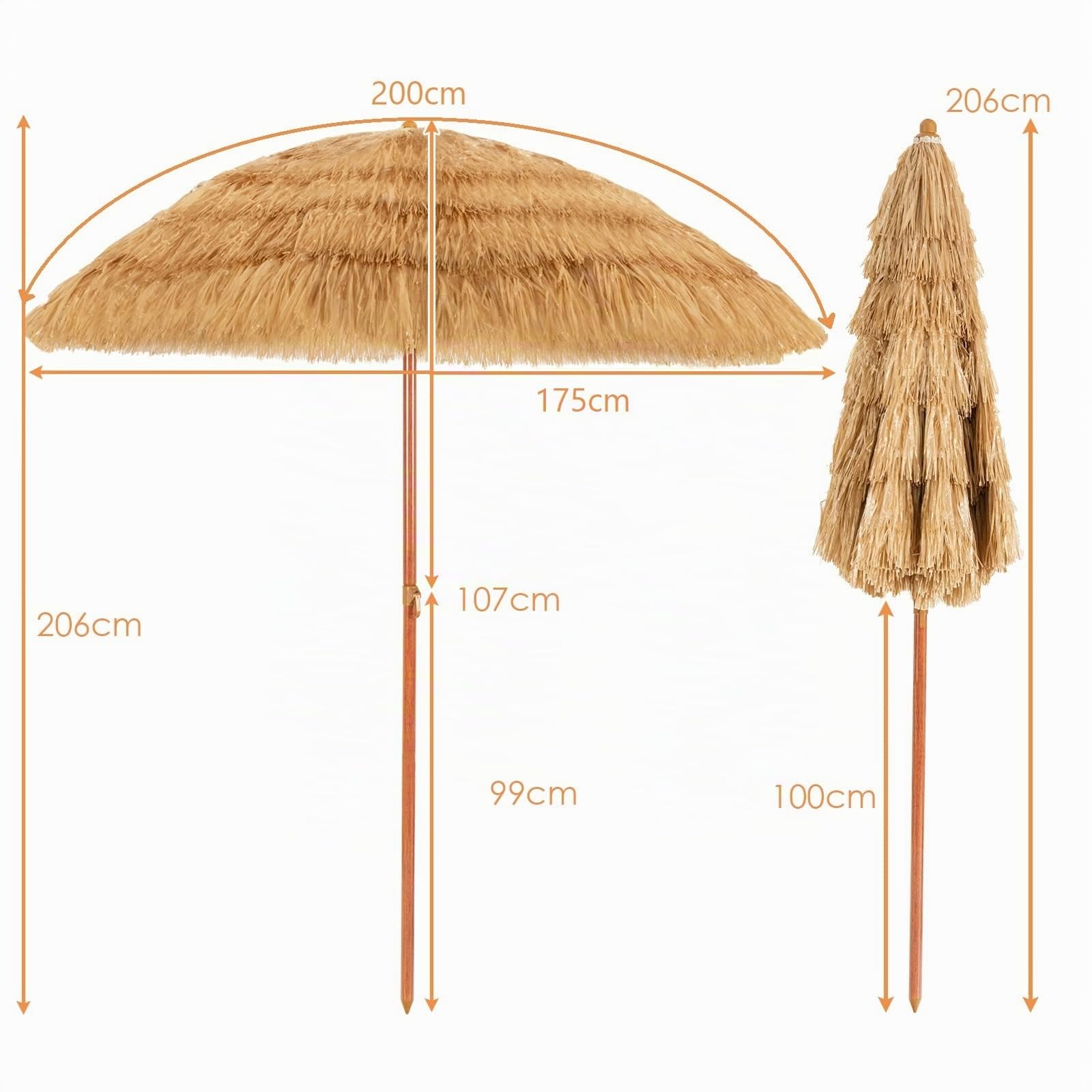 GIANTEX Sonnenschirm Hawaii Ø 200 cm Gartenschirm Balkonschirm knickbar Strandschirm mit Fransen Terrassenschirm mit Verankerung rund Hawaii Schirm beige