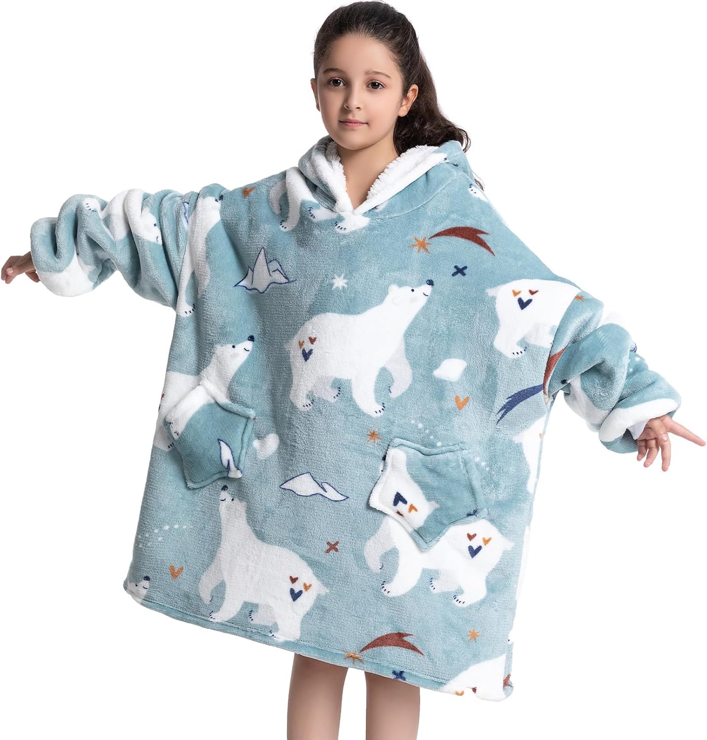 Deserthome Wearable Blanket Hoodie for Kids 6-12YR Oversized Animal Hooded Blanket Super Soft Comfortable Warm Flannel Polar Bear