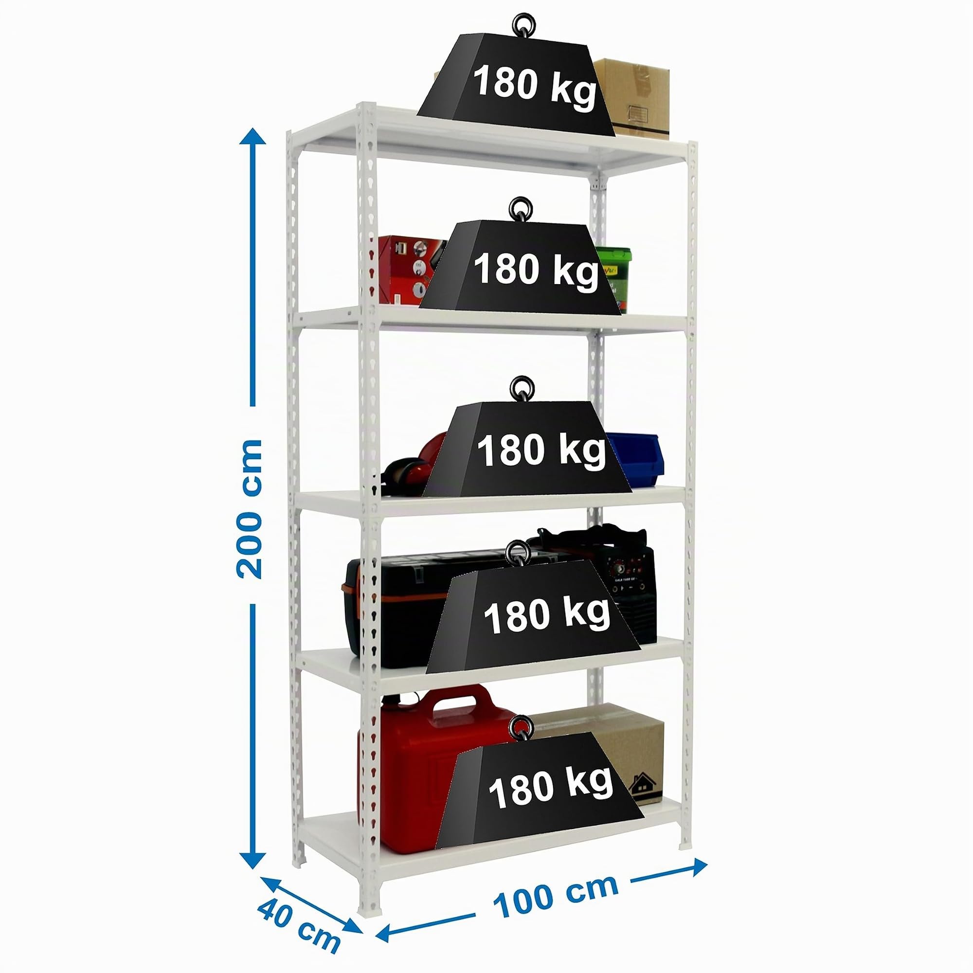 Simon Rack Estantería Metálica 2000x1000x400 mm - Simonclick | 5 Alturas, Bandeja Metal, 180 kg de Punto Flexión, Blanco, Pintura anticorrosión, Montaje sistema clic