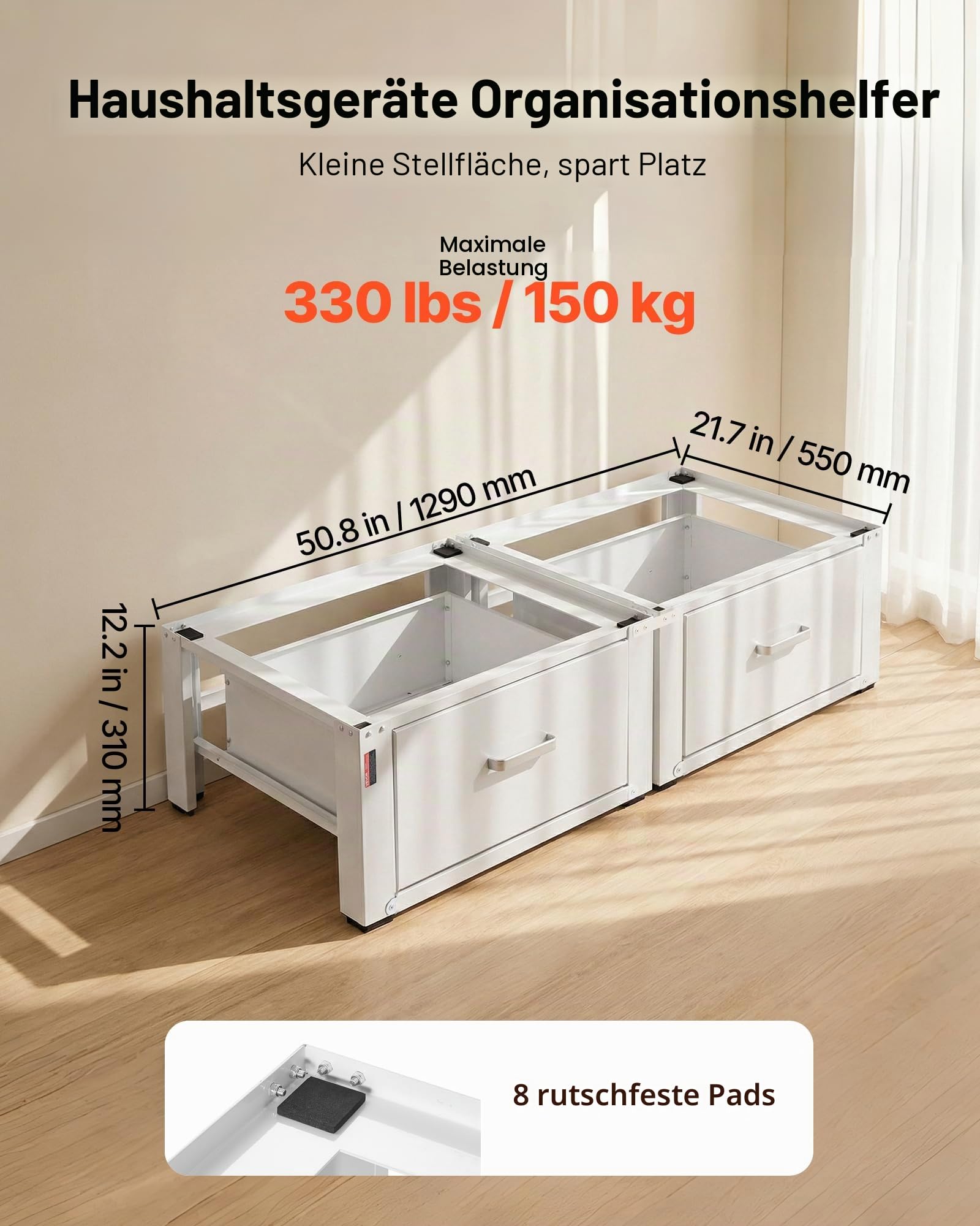 VEVOR Waschmaschinen Untergestell, 290 mm Hoch, Waschenmaschinenerhöhung mit Schublade, Tragkraft 150 kg, Rutschfeste Füße, Stahl-Trocknersockel, Podest, Universell Passend, Weiß, 2er-Pack