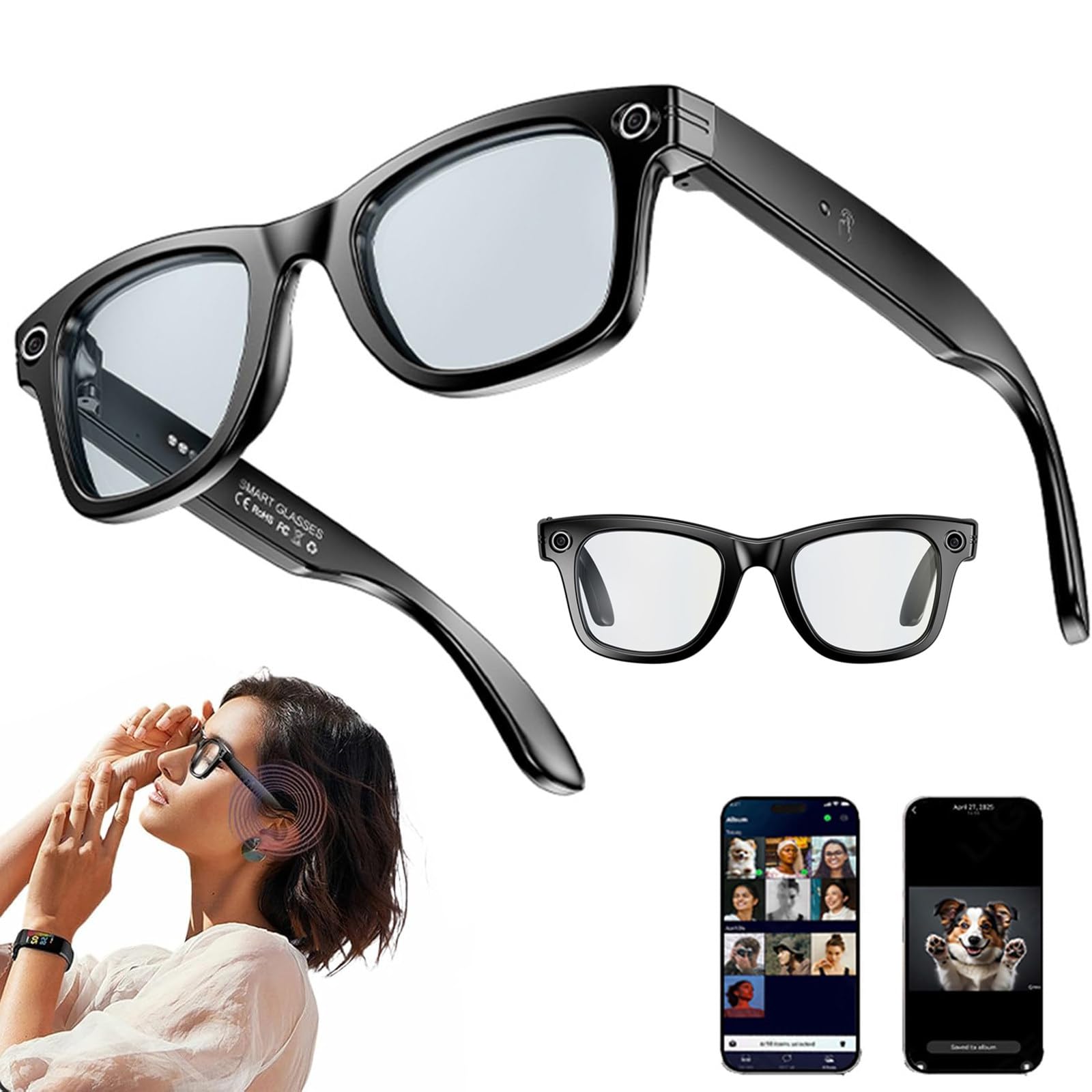 Lunettes connectées, Lunettes connectées avec caméra, étanches IP65 | Appels Bluetooth | Lecture de Musique | Reconnaissance d'images | Photo | Vidéo | Enregistrement(Parent,A)