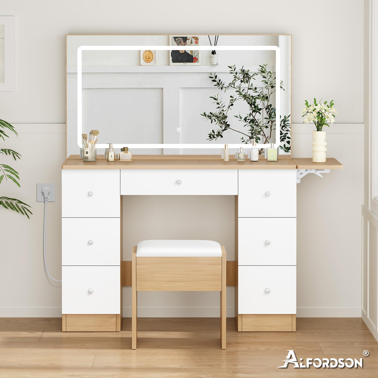 ALFORDSON Tocador con Espejo e iluminación, Juego de tocador de 90 cm con 4 cajones y Taburete de Almacenamiento, Luces LED Ajustables, tocador para Dormitorio de Mujeres y niñas, Madera