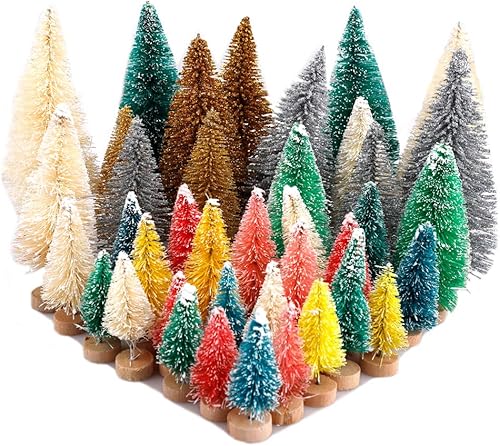 40 mini árbol de Navidad, mini árboles de sisal multicolor, árboles de cepillo para botellas, mini árboles artificiales con base de madera, árboles