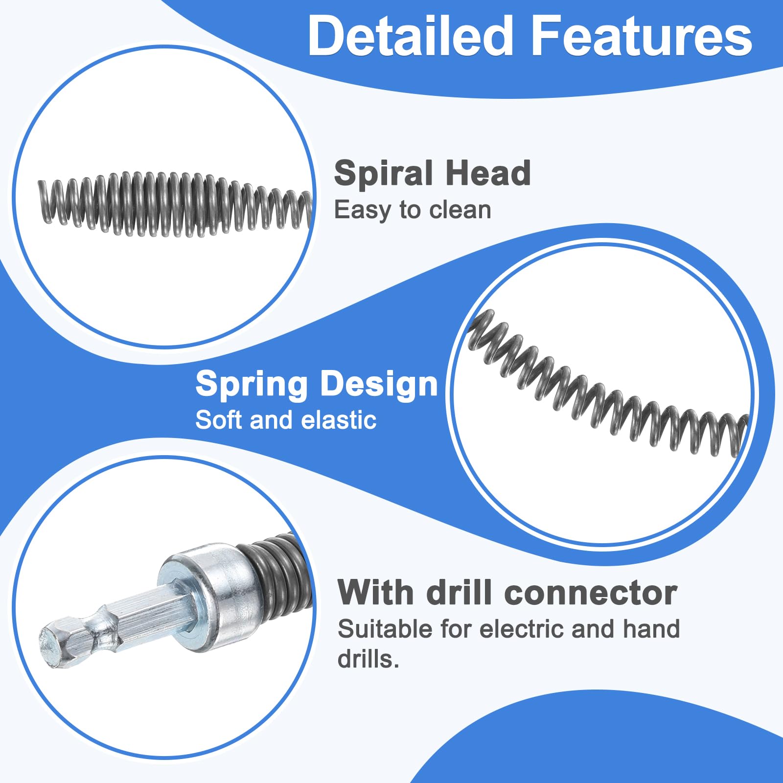 QUARKZMAN Desatascador Manual De Tuberías 2/5" (10mm) Diámetro 49ft Herramienta Flexible Para Limpiar Desagües Con Conector Para Taladro Resorte Para Eliminar Obstrucciones De Cabello