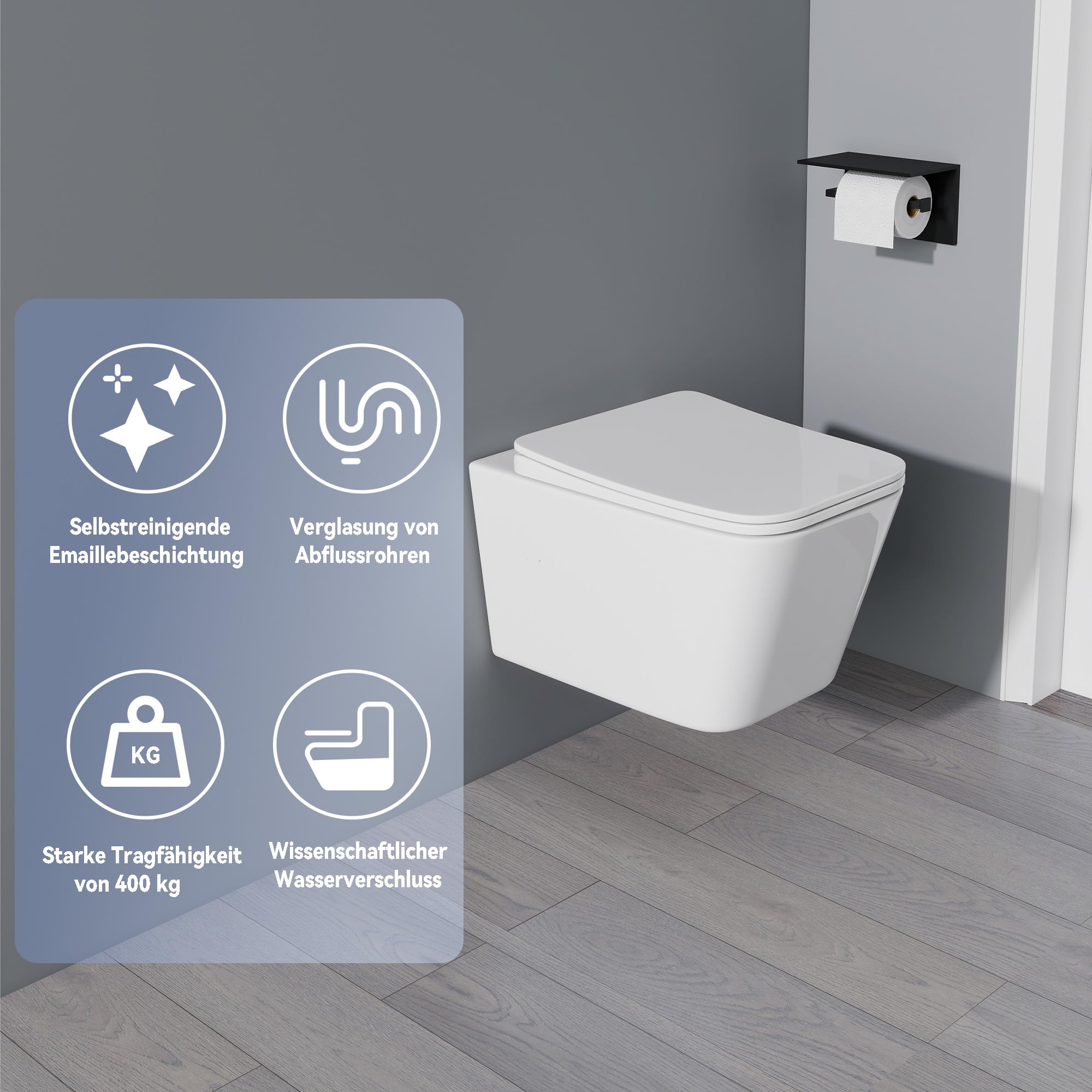 Yishang WC sospeso a parete, senza bordo, scarico monoforo a 360°, tecnologia a sifone, sedile a chiusura delicata, 52 cm, ceramica bianca, per camera degli ospiti e bagno