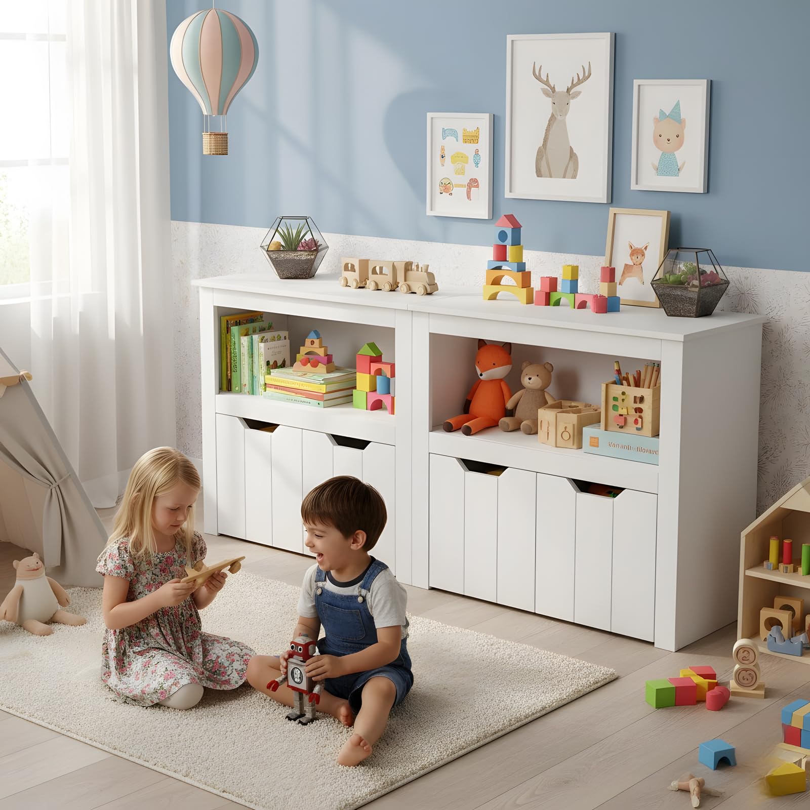 Mobile Contenitore Giocattoli Bambini, Libreria Salvaspazio Montessori con Ruote, Scaffale Porta Giochi/Libri, Organizer Cameretta 3-12 Anni, Cassettiera Bianca con 4 Scomparti, 120x33x61cm