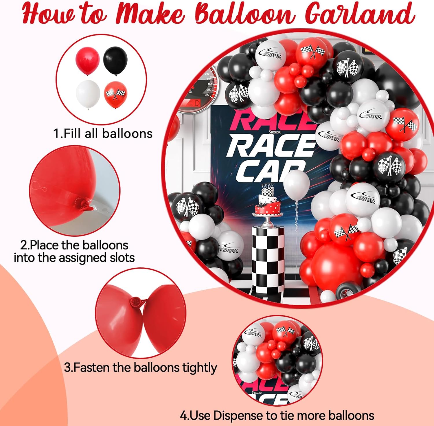Race Car Balloon Arch Garland Kit, Red Black White Party Latex Balloons with Checkered Flags for Boy Racing Car Themed Birthday Party Decorations Baby Shower Transportation Backdrop Supplies - Image 3