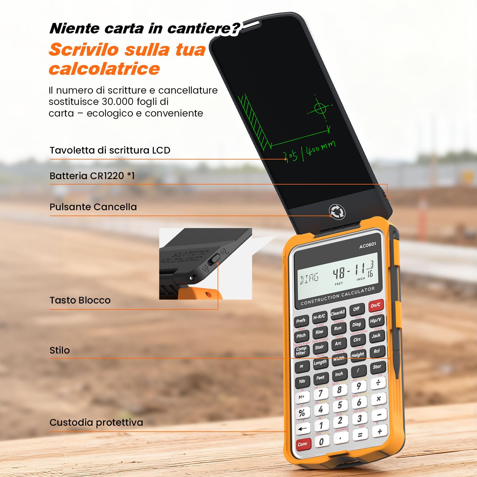 Calcolatore da Costruzione con Tavoletta per Scrittura Industriale e Scientifica ROATEE - Calcolatore per Ingegneri per Appaltatore, Calcolatori da Tasca Pollici-Piedi-Frazione per Carpentiere